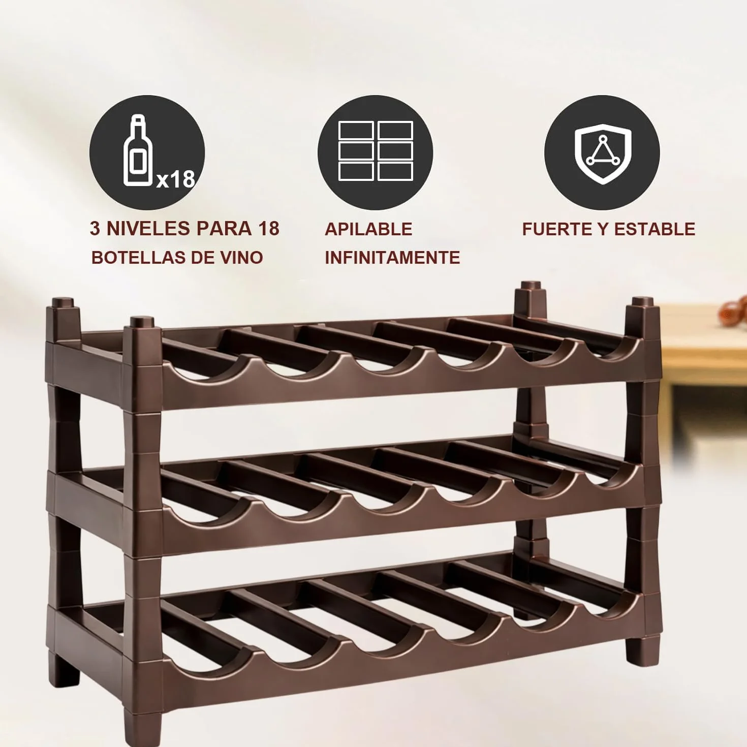 Ichigo Ichie Botellero de Plástico Apilable de 3 Niveles para 18 Botellas, Estanterías para Botellas de Vino, Estante de Almacenamiento para Exhibición de Vinos, Ideal para Hogar, Bar y Bodegas