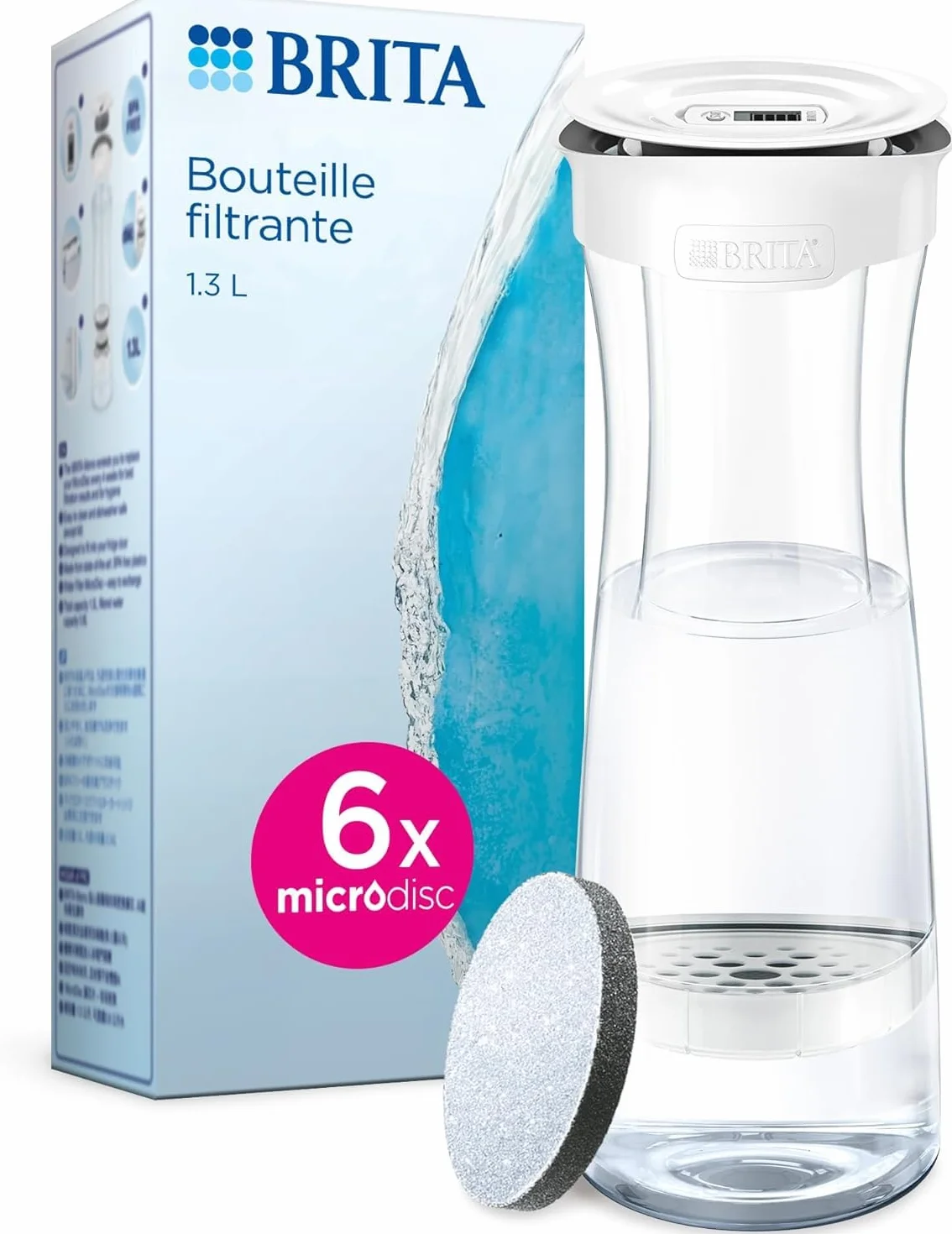 BRITA Botella filtrante blanca de grafito x6 filtros MicroDisc INCL - reducida El Cloro, Algunos PFAS, pesticidas, herbicidas y hormonas, Conserva minerales como El Calcio y el Magnesio