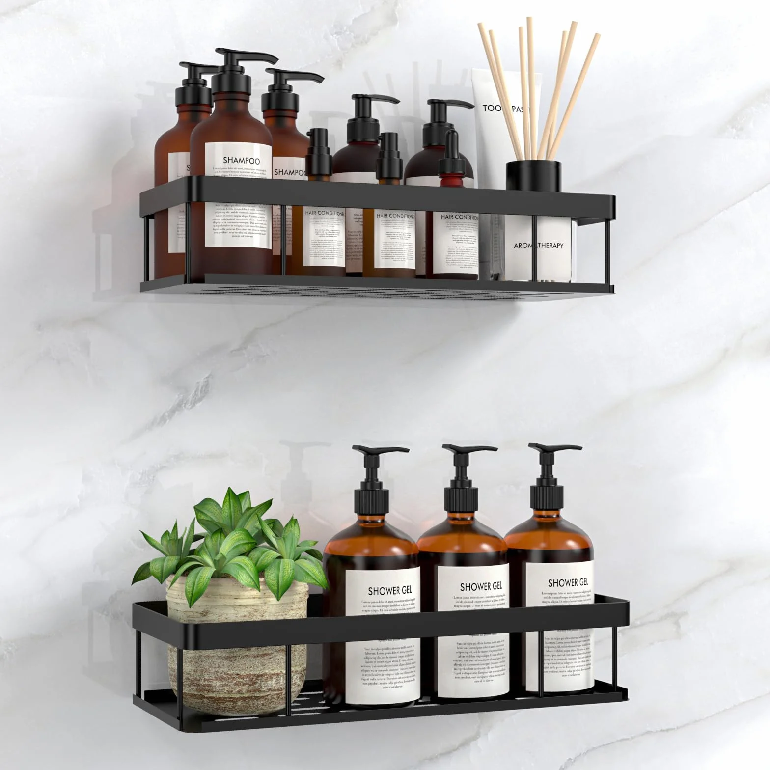 Estantería Baño 2 Piezas Resistente Agua Óxido Sin Taladro Organizador Ducha Champú Gel Negro