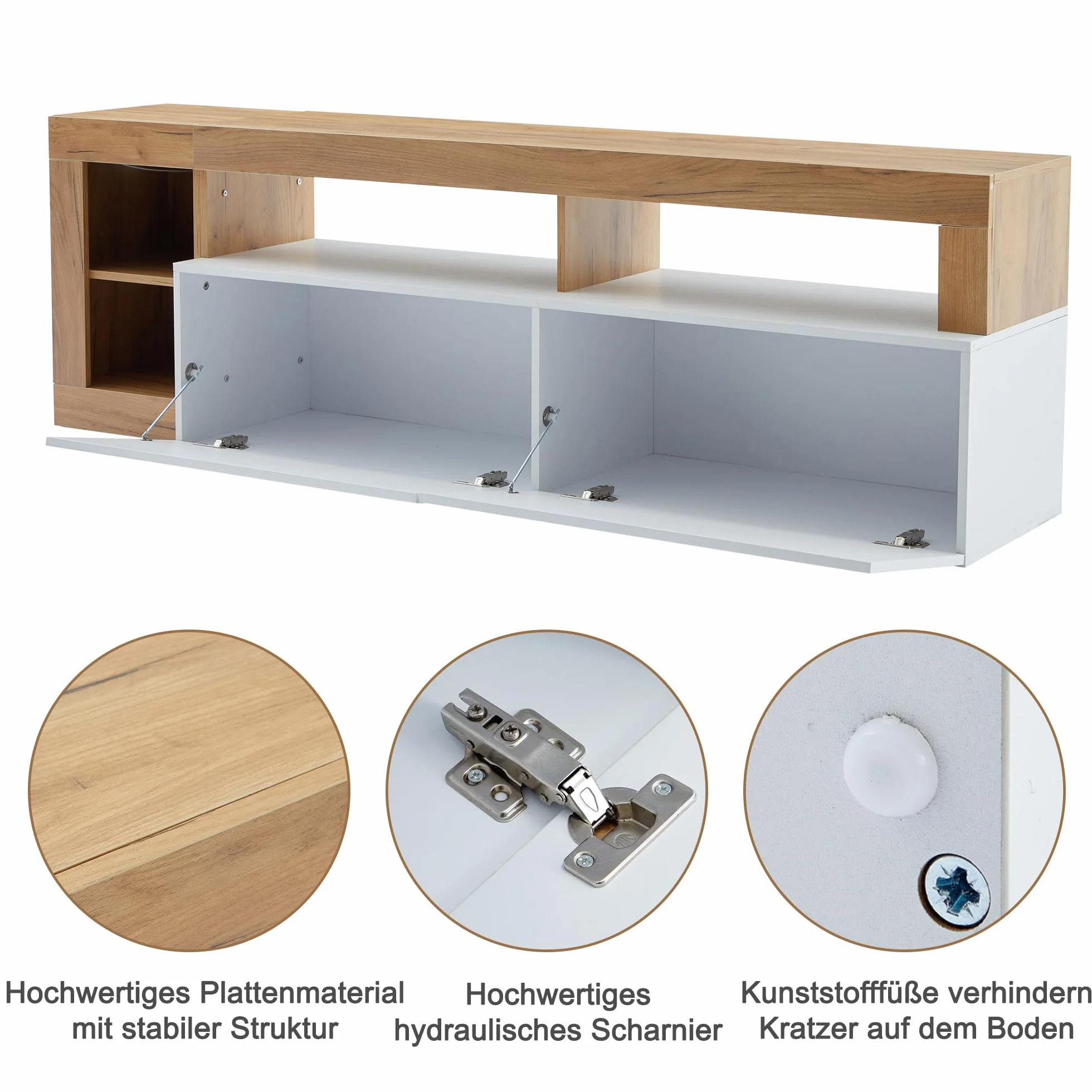 Mueble de TV moderno para televisores de hasta 80 pulgadas, espacio de almacenamiento abierto con luz indicadora LED, adecuado para armario de dormitorio y sala de estar, marco de madera