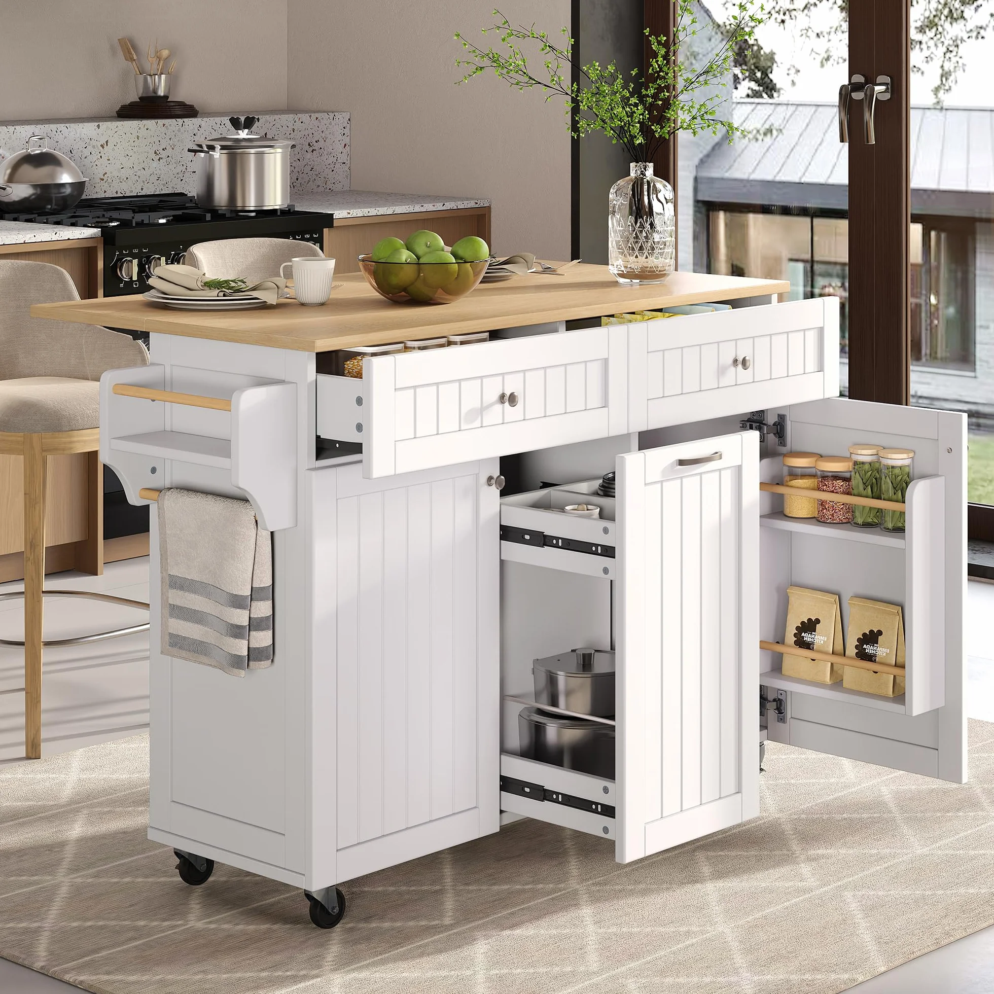 Isla de cocina con ruedas, extensible para comedor, isla de cocina con cajones multifunción, ideal para cocina y comedor (blanco)