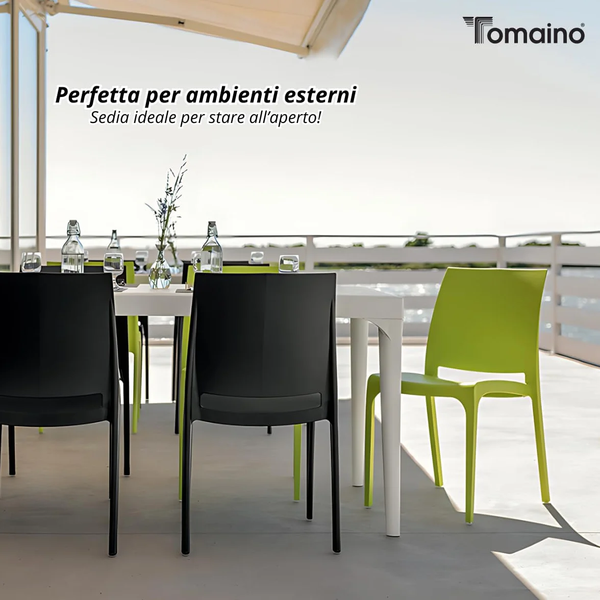Tomaino - Silla de cocina de plástico, 6 sillas apilables de plástico con reposabrazos para exterior e interior, sillas para jardín, salón, balcón o bar, color negro
