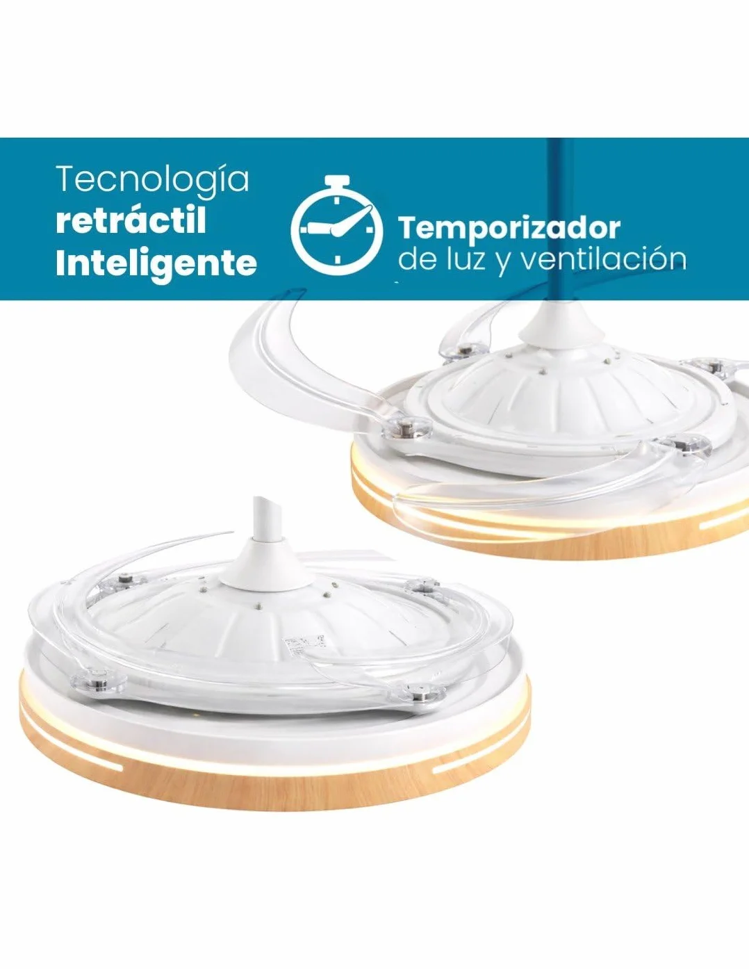 JARDIN202 - Ventilador de Techo con Aspas Retráctiles, Motor DC, Temporizador, Luz LED Regulable, Mando a Distancia, 6 Velocidades | 50 cm (Vejer Wifi Madera)