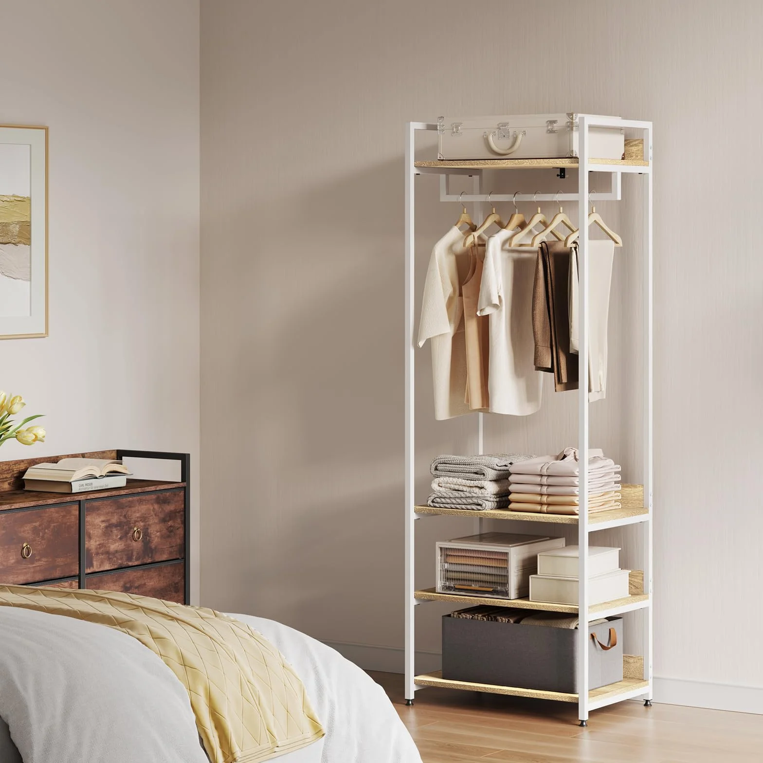 WOLTU Perchero Ropa Armario Burro Zapatero con 3 Estante Multiusos Fuerte Metal y Madera de Estilo Industrial