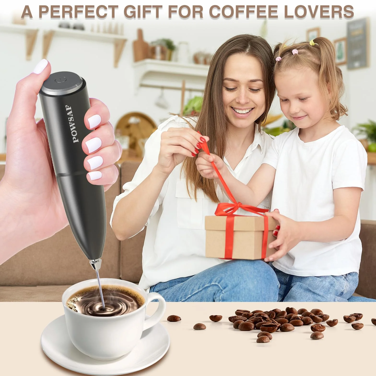 POWSAF Espumador de Leche Eléctrico 13000 RPM, Batidor de Espuma con Soporte, Negro