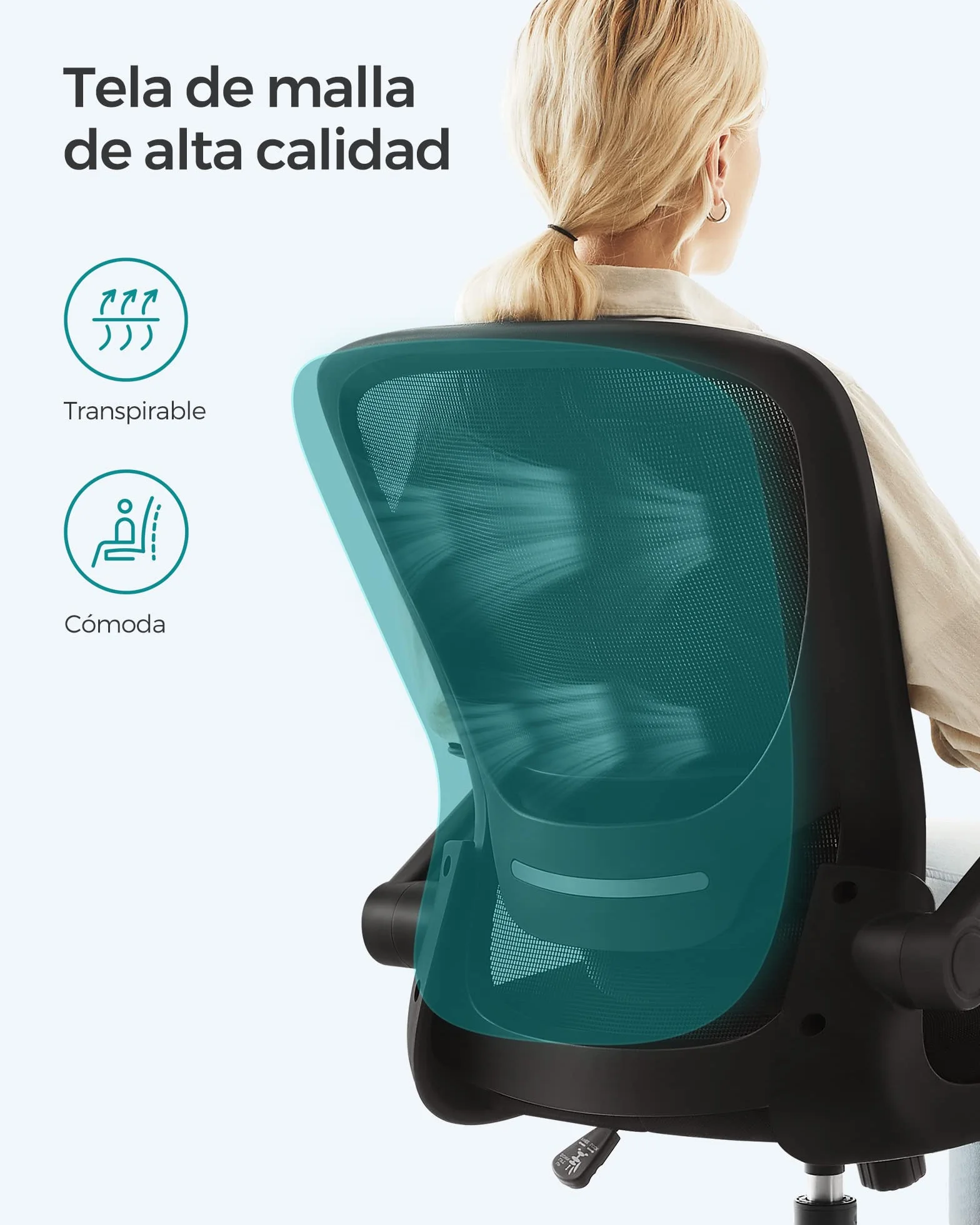 SONGMICS Silla de Oficina Ergonómica de Malla Giratoria con Soporte Lumbar, Asiento 53 cm, Apoyabrazos Abatibles, Negro