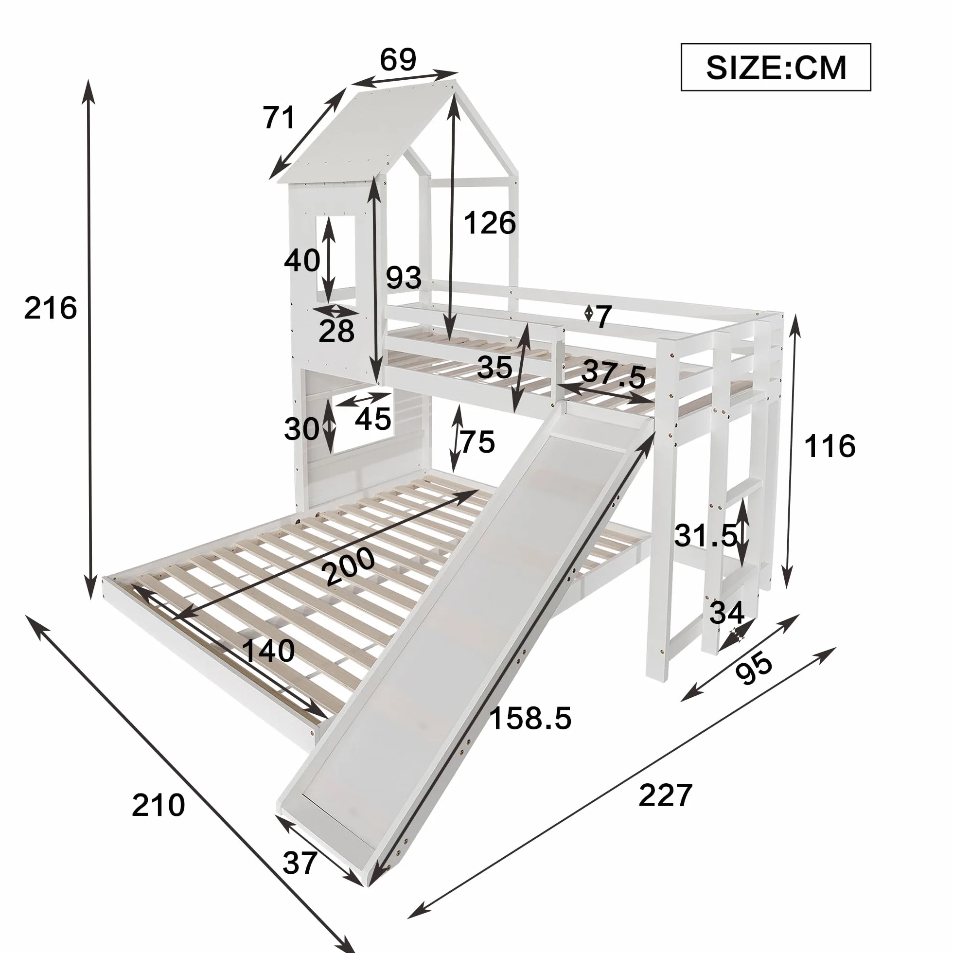Azkoeesy Litera Infantil con Tobogán (90 x 200 y 140 x 200) - Cama Familiar en Forma de casa con somier/anticaídas para niños y Adultos, Cama de Invitados, Cama Juvenil, Madera de Pino, Color Blanco