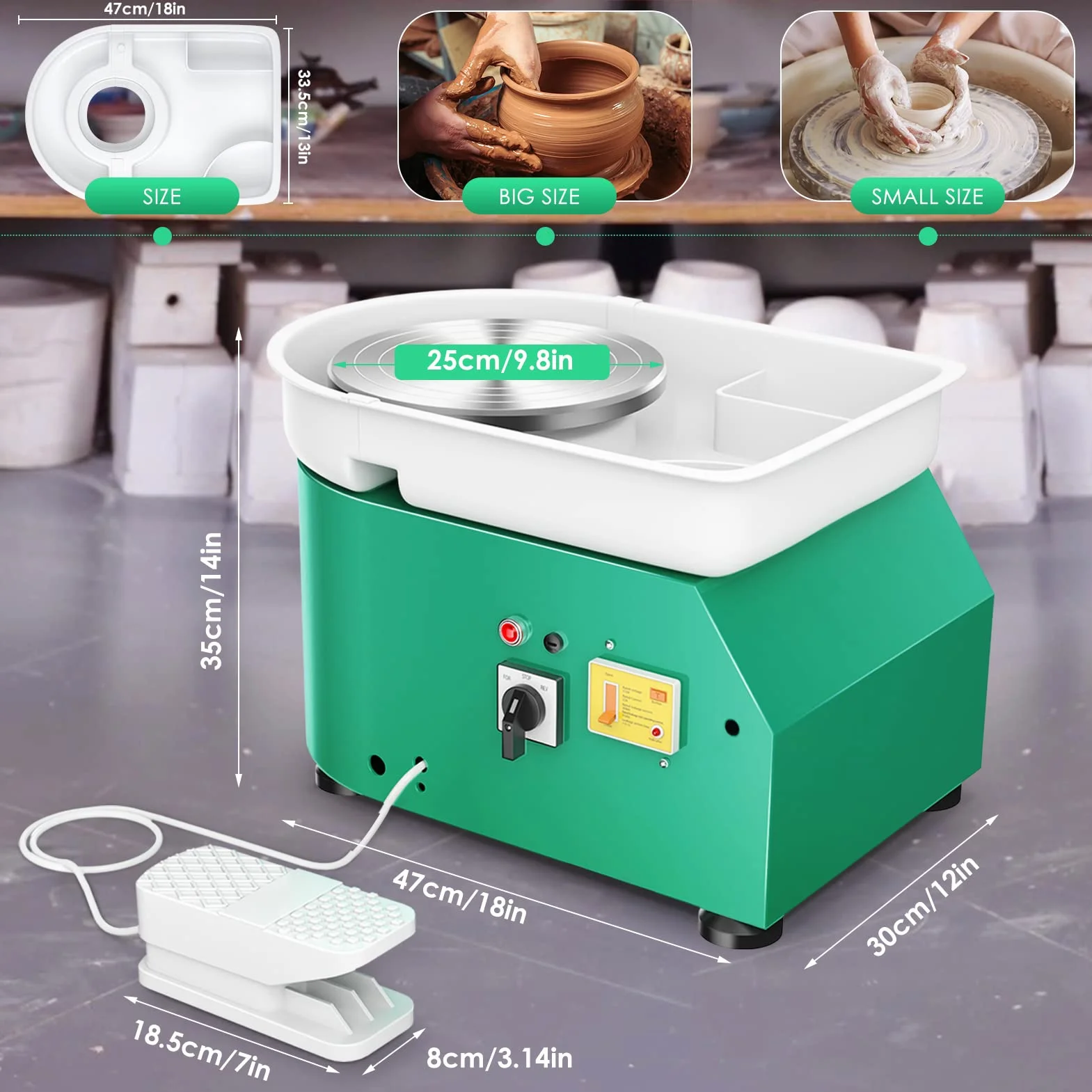 Torno Alfarero,350W Torno Ceramica 0-300r/min,25CM Rueda de Alfarero con Pedal y Lavabo Desmontable para Herramientas de Modelado para Principiante y Amante de Creación de cerámica (Verde)