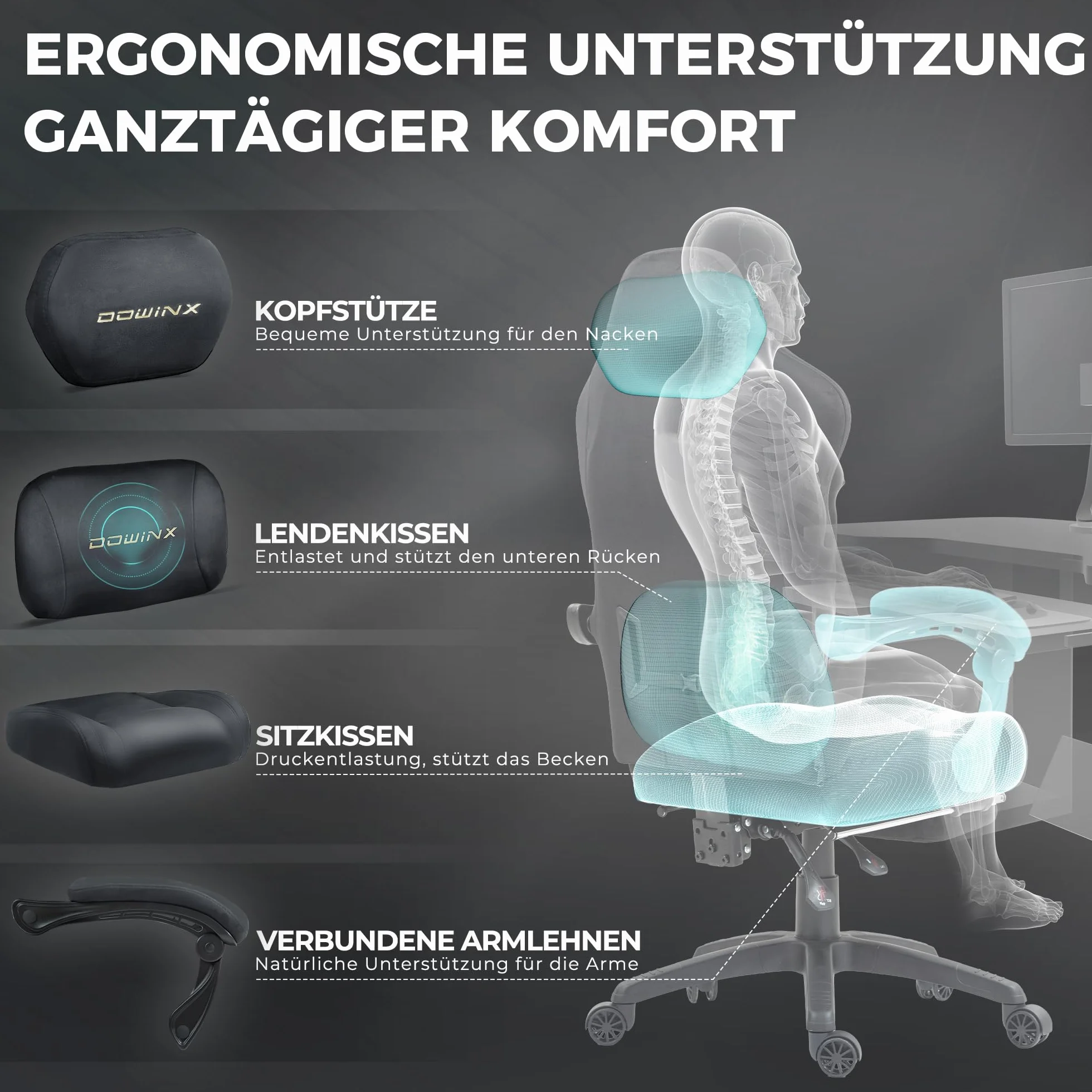 Dowinx Silla de gaming ergonómica con cojín lumbar de masaje, reposacabezas regulable en altura, acolchado de asiento grueso, reposapiés extensible, reposabrazos ajustables, terciopelo de microfibra