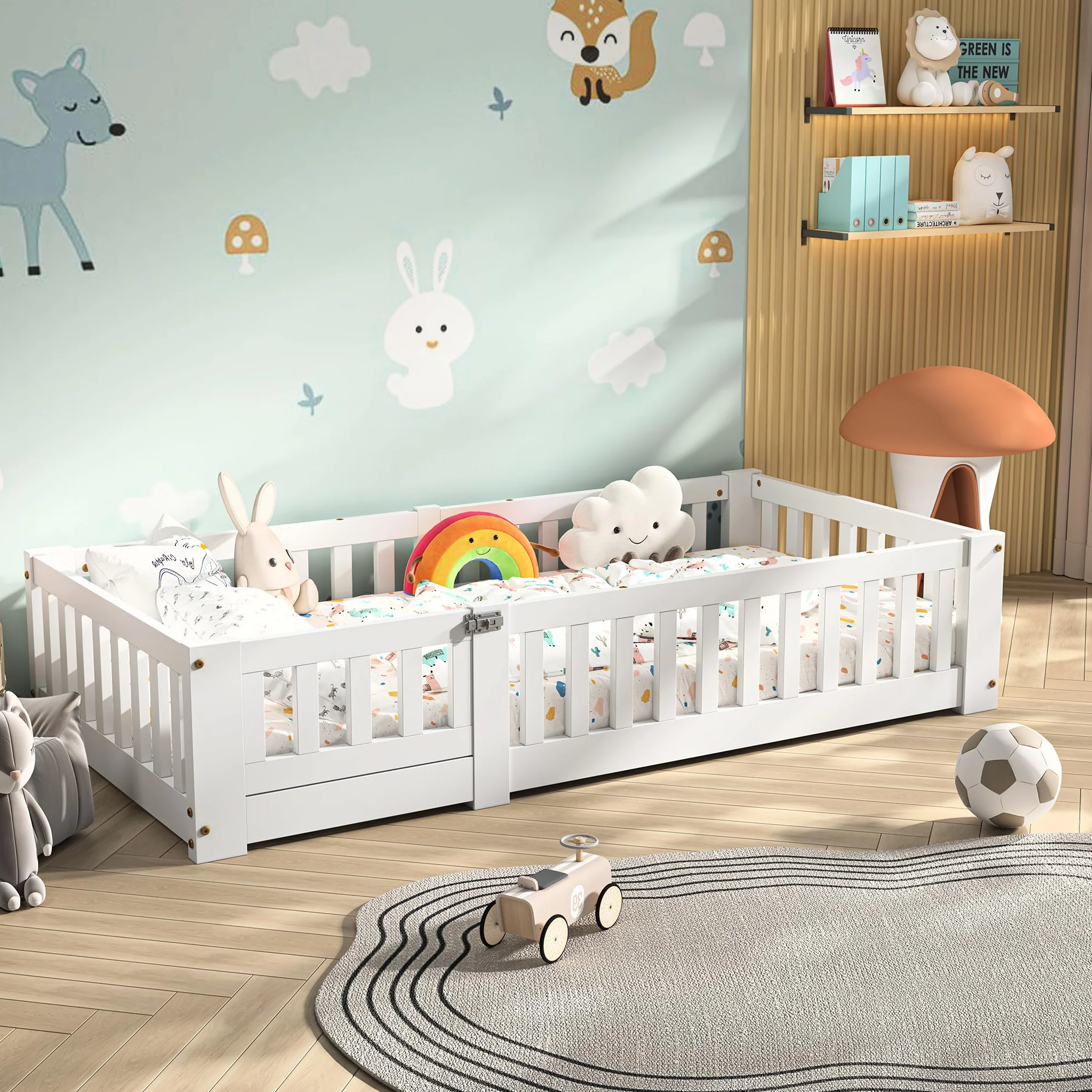 PerGar Cama Infantil 80x160 cm con Valla y Puerta, Somier, Madera Maciza Blanca