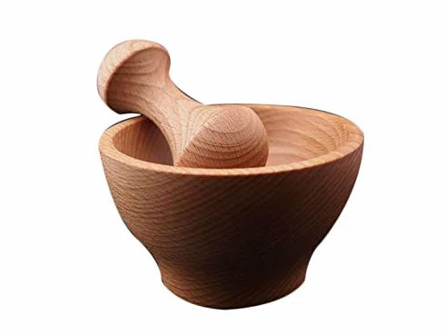 Wooden World – Juego de mortero de madera – Mortar cocina pequeña Mortero – Moler especias y gerbs – Gran regalo – Mortero resistente de madera de haya – Tamaño 10,5 cm x 6 cm
