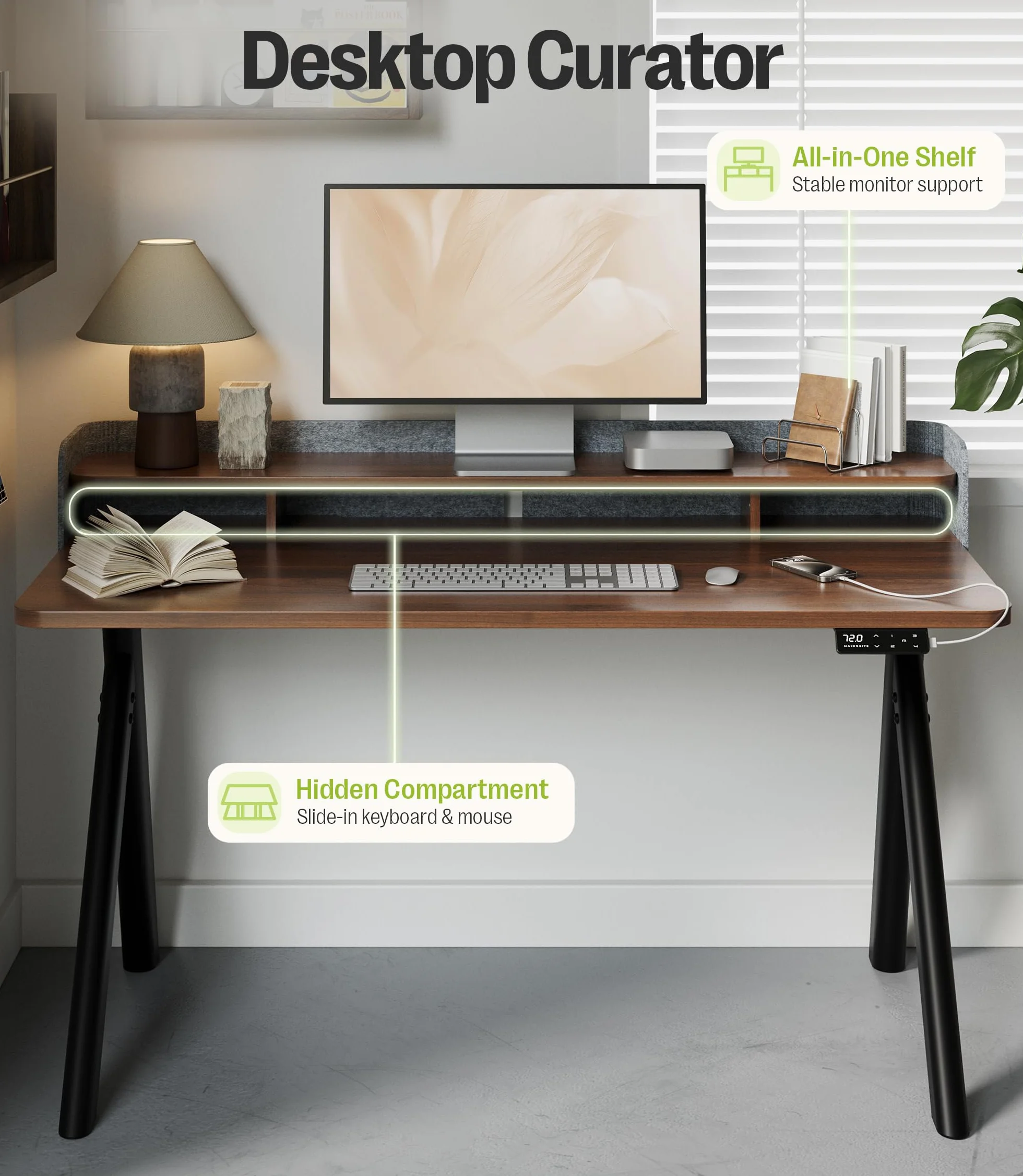 MAIDeSITe Mesa Escritorio Elevable 140x70cm, Estable Eléctrica Elevable Escritorio con Patas Ovaladas Ramificadas, Soporte para Monitor y Pantalla de Fieltro Privada, Mesa para Oficina Hogar