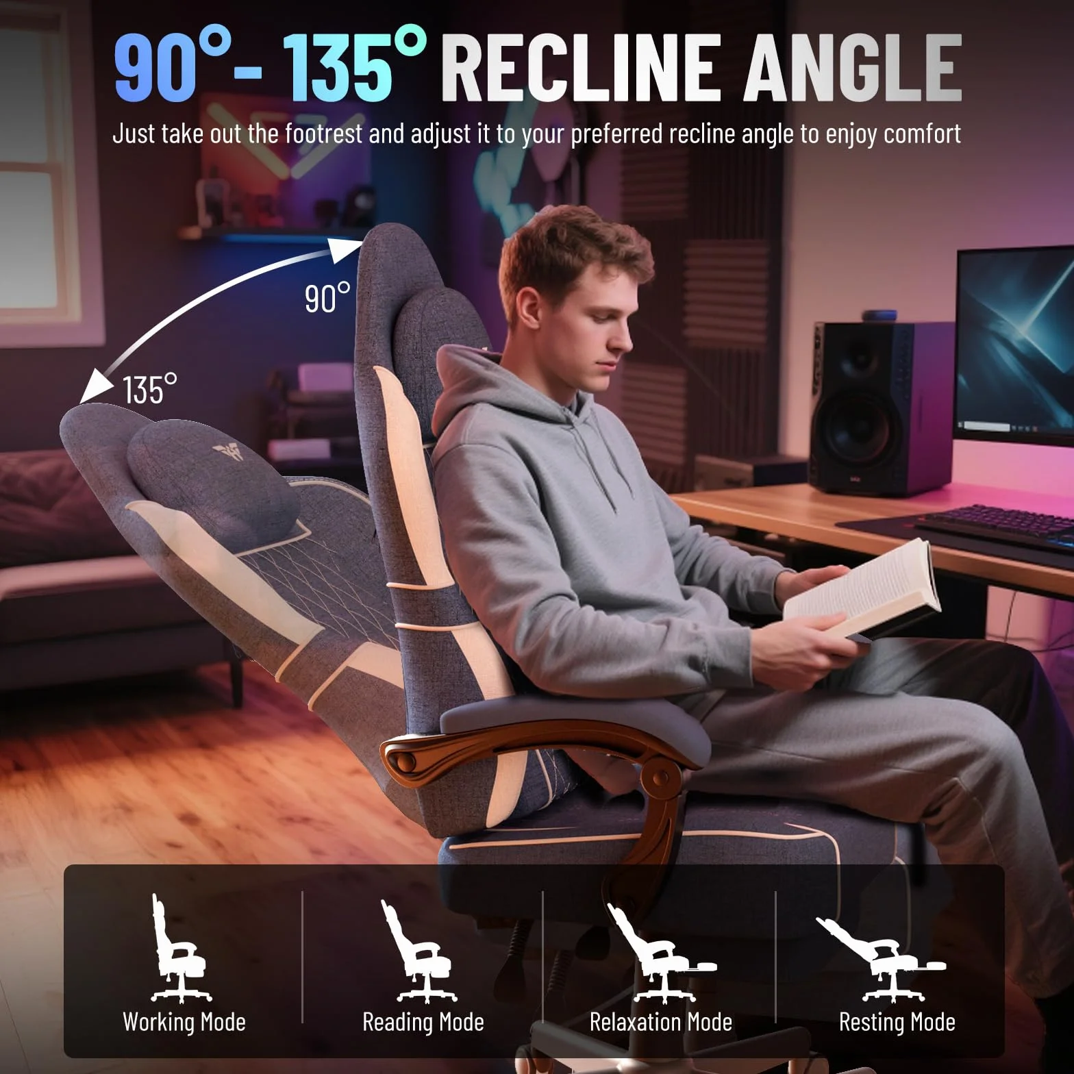 Huracan Silla Gaming con función masajeador, Silla Gamer Oficina con reposacabeza y Soporte Lumbar, sillón ergonómico Gaming con reposapiés, Respaldo Ajustable 90-160°, 150KG, algodón y Lino, Azul