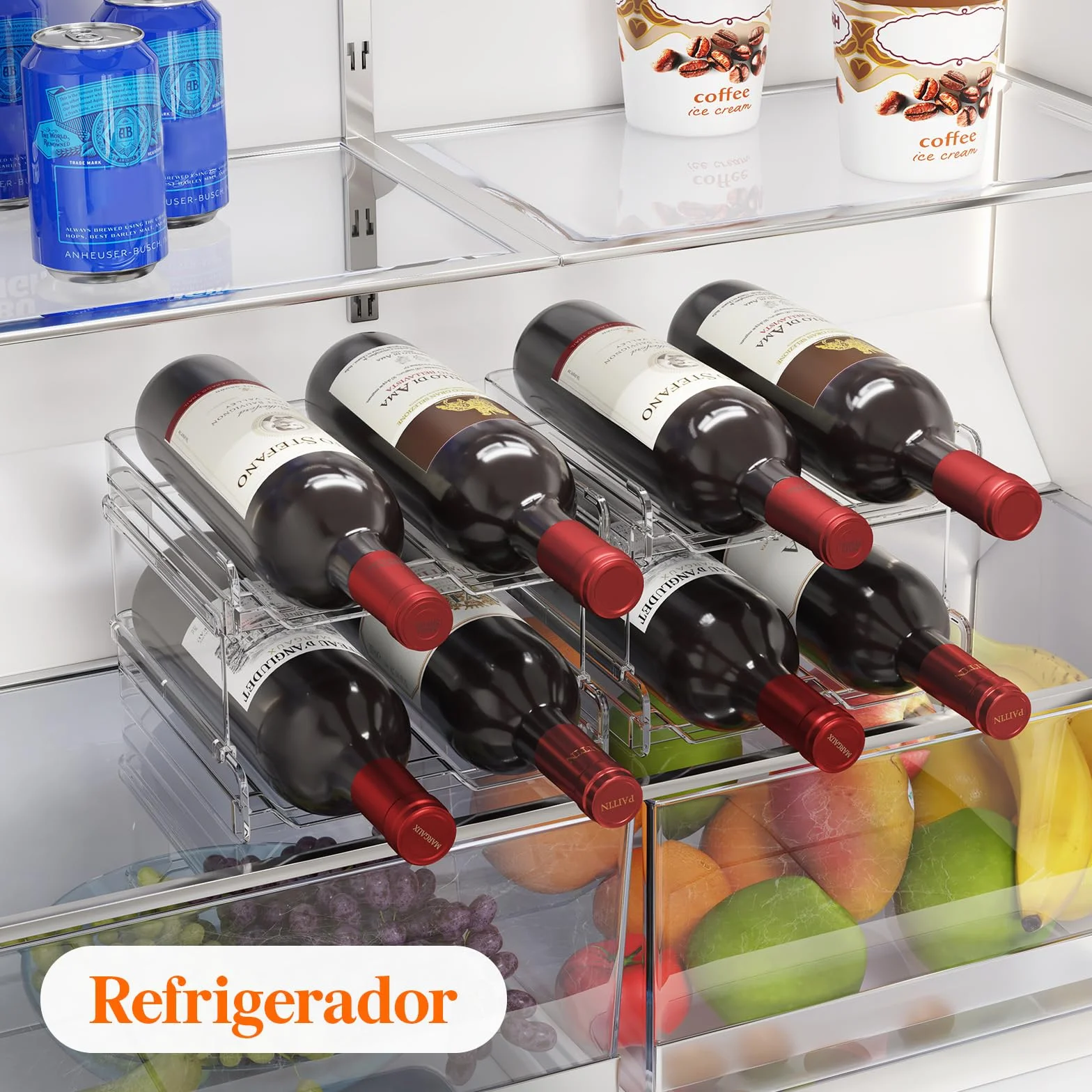 Lifewit Botellero apilable de plástico para Nevera, Armario, encimera, Soporte para Botellas de Vino, Organizador de Botellas de Agua para Nevera, despensa, Capacidad para 4 Botellas,Transparente