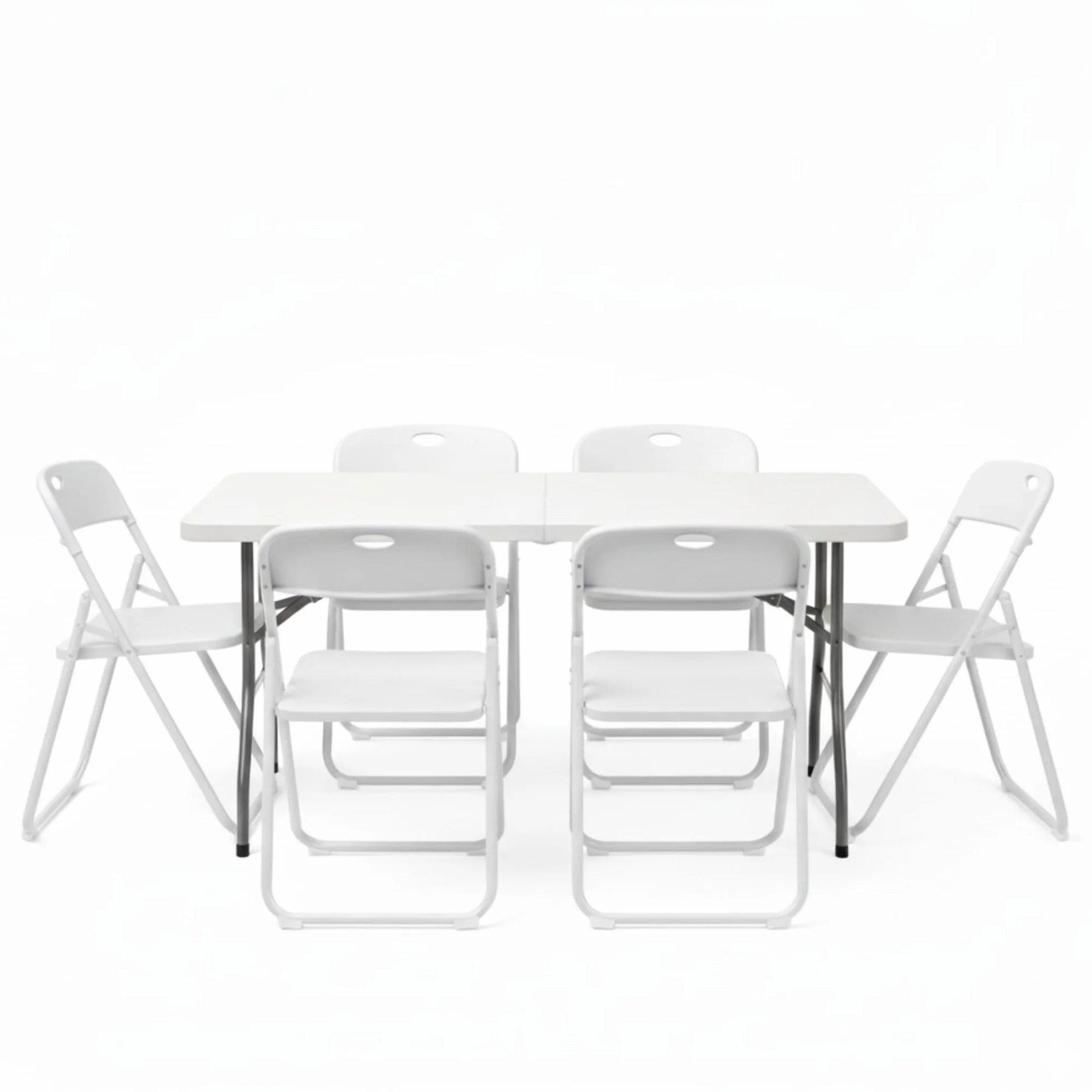 Pack Mesa Plegable 180 cm + 6 Sillas Blancas Plegables - Conjunto Mobiliario Multiusos - Estructura Hierro Reforzado - Ideal Formación, Catering y Oficinas - Pack para Eventos Profesional