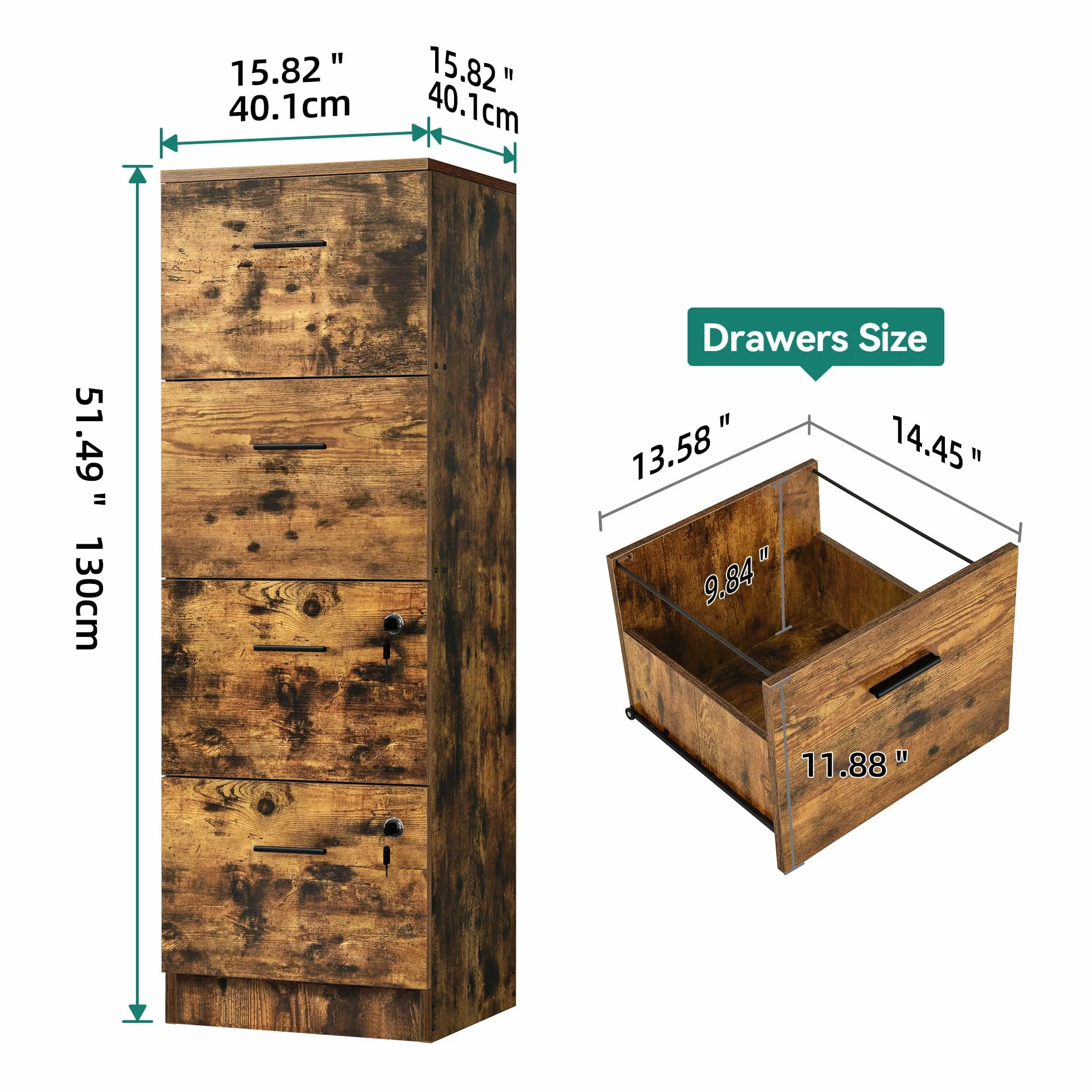 YITAHOME Archivador vertical resistente con 4 cajones, para archivos de tamaño carta A4, requiere montaje, armario de almacenamiento con cerradura para oficina en casa, 40 x 40 x 131 cm