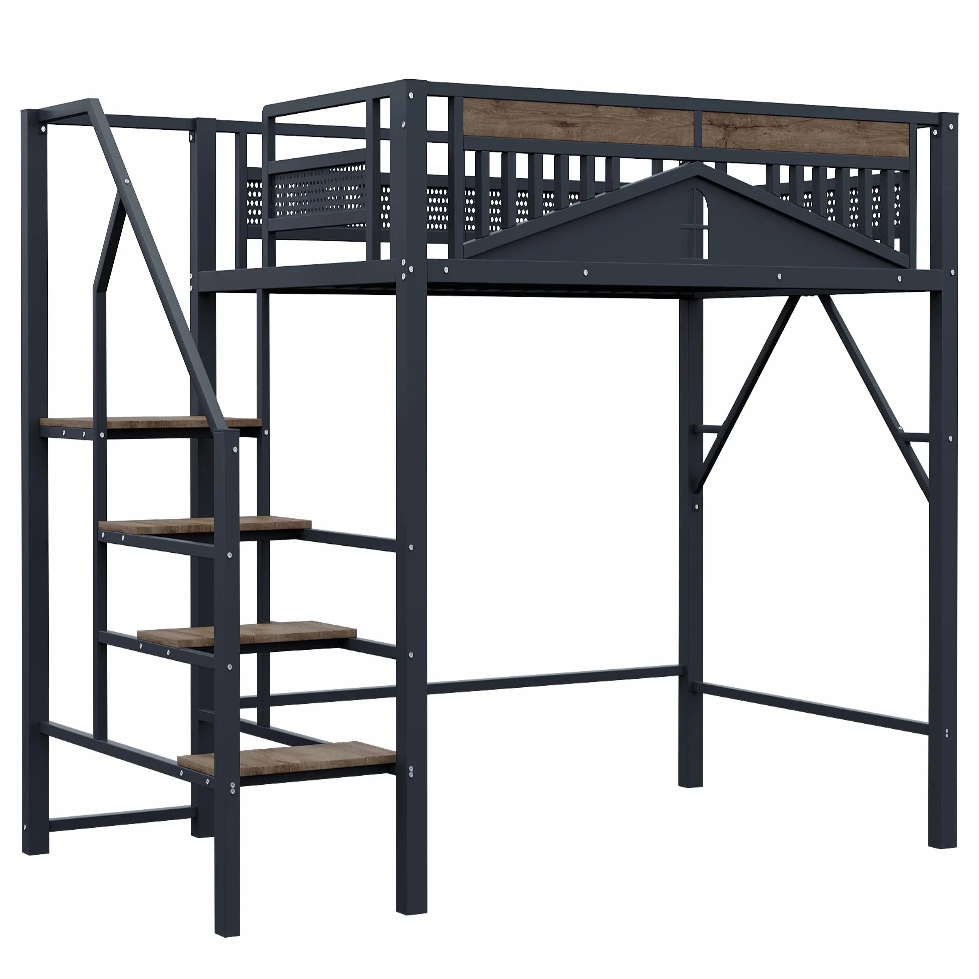 SACOOL Cama alta de metal de 140 x 200 cm, forma de carcasa única con diseño de ventana, con escalera de seguridad, mucho espacio debajo de la cama, color negro