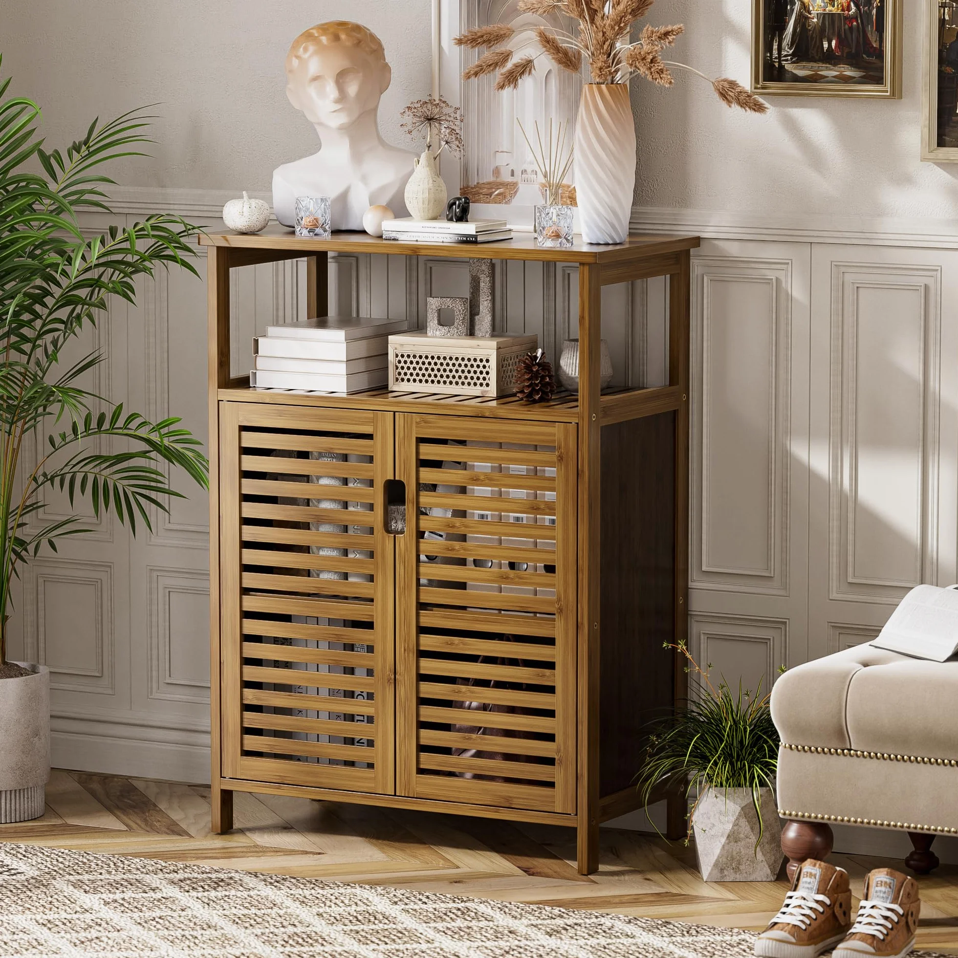 HITNET Mueble Baño Bambu, Armario Bajo Baño Auxiliar, Gabinete de Almacenamiento Independiente con Doble Puerta y Compartimentos Abiertos, para Sala de Estar, Cocina, Entrada, Nogal