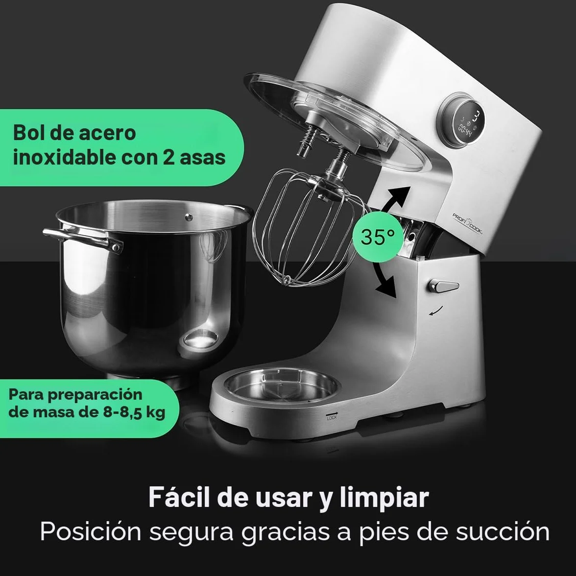 ProfiCook® robot de cocina | XXL | 12L bol | amasadora | motor 2500W | engranaje metálico | pantalla LED | robot de cocina | para hasta 8,5 kg de masa | 13 velocidades | PC-KM 1254 acero inoxidable