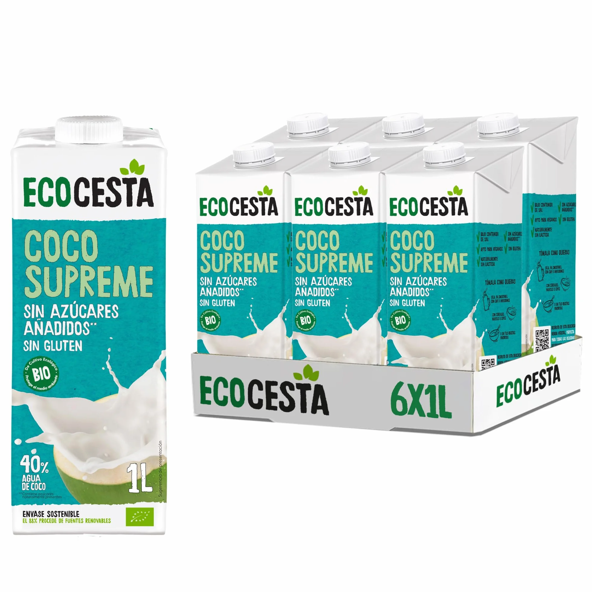 Bebida Ecológica Vegetal de Coco Supreme Pack 6 x 1 L Sin Azúcar Añadido Sin Gluten Vegano