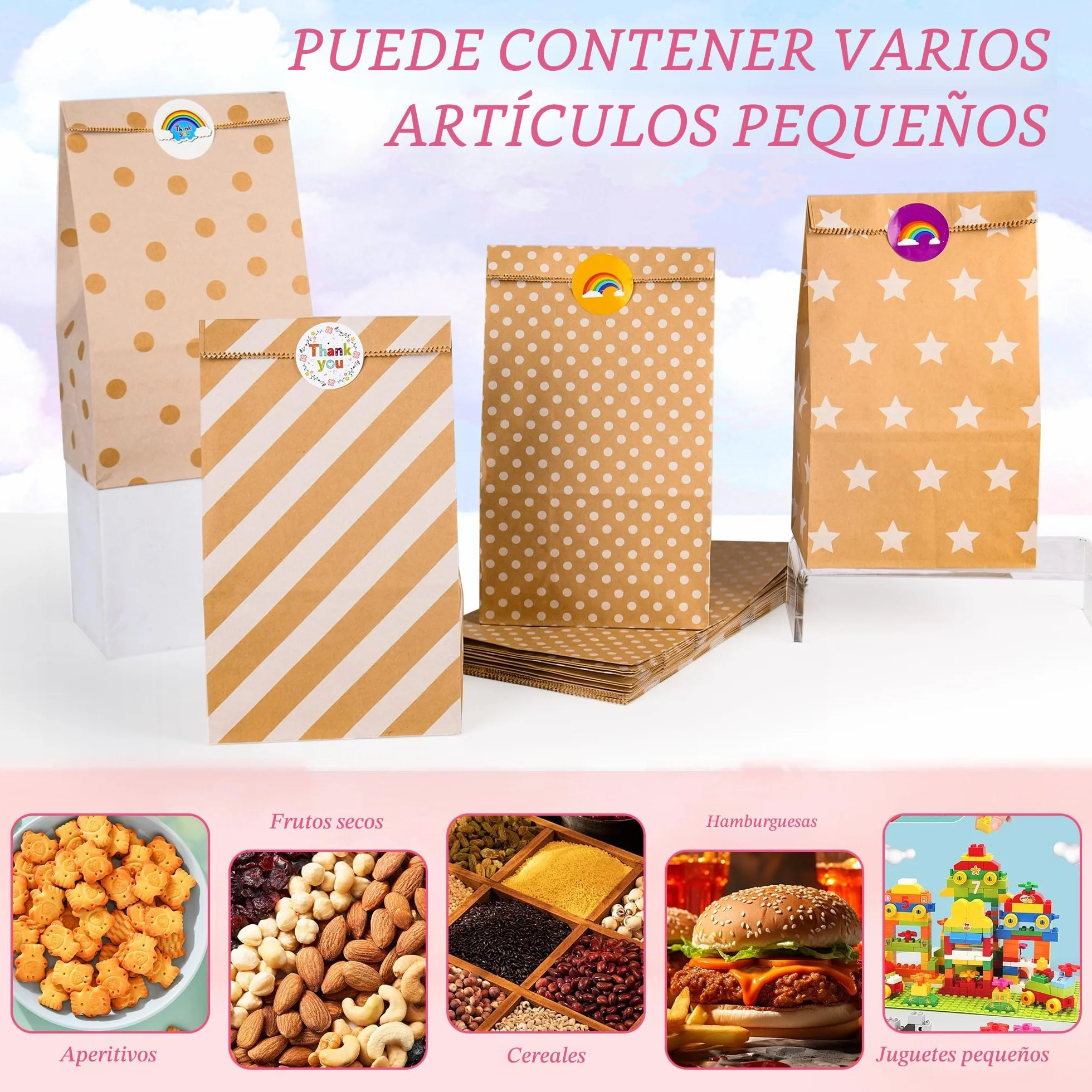 Aurinovellia 20 Piezas Bolsas de Papel Kraft, Bolsas Chuches Cumpleaños con 36 Pegatinas, Bolsa Dulce de Regalo, para Envolver Regalos, Regalos, Celebración, Boda, Fiesta