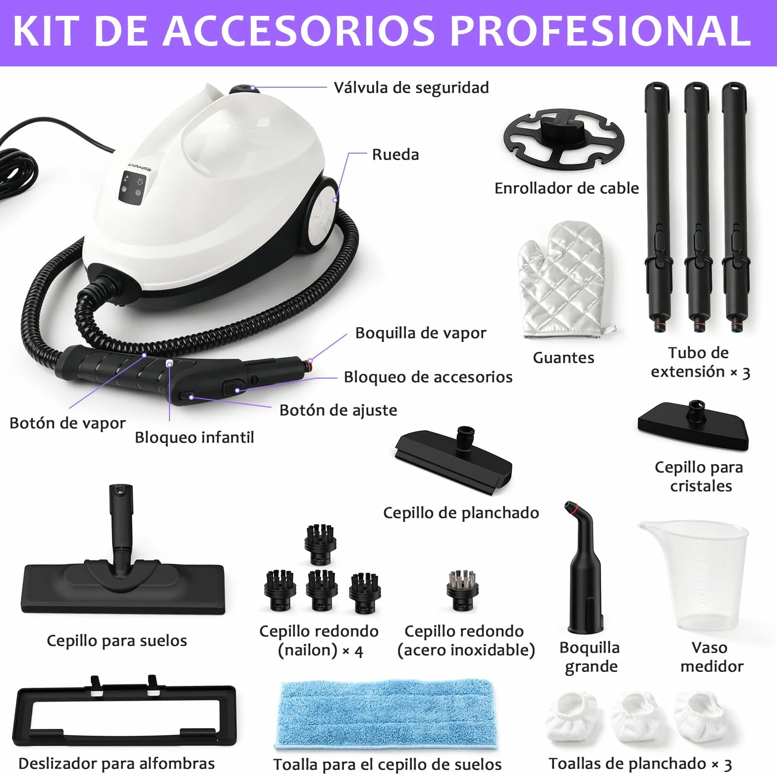 Limpiador de Vapor Portátil 120°C 20 Accesorios para Suelos Sofás Ventanas Cocina