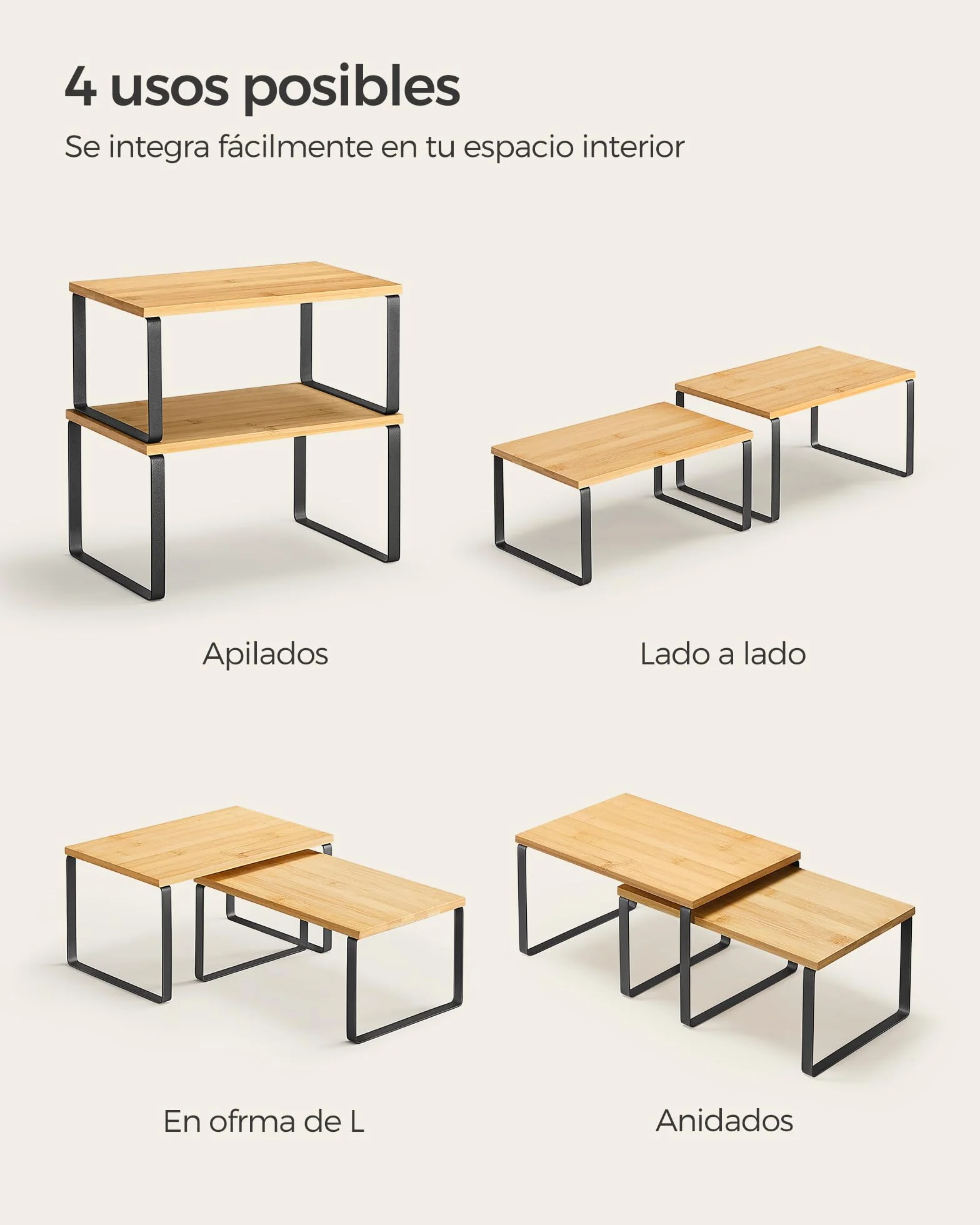 SONGMICS Estante para Especias Extensible de Metal y Madera, Juego de 2, Negro Tinta y Beige Natural KCS02NB