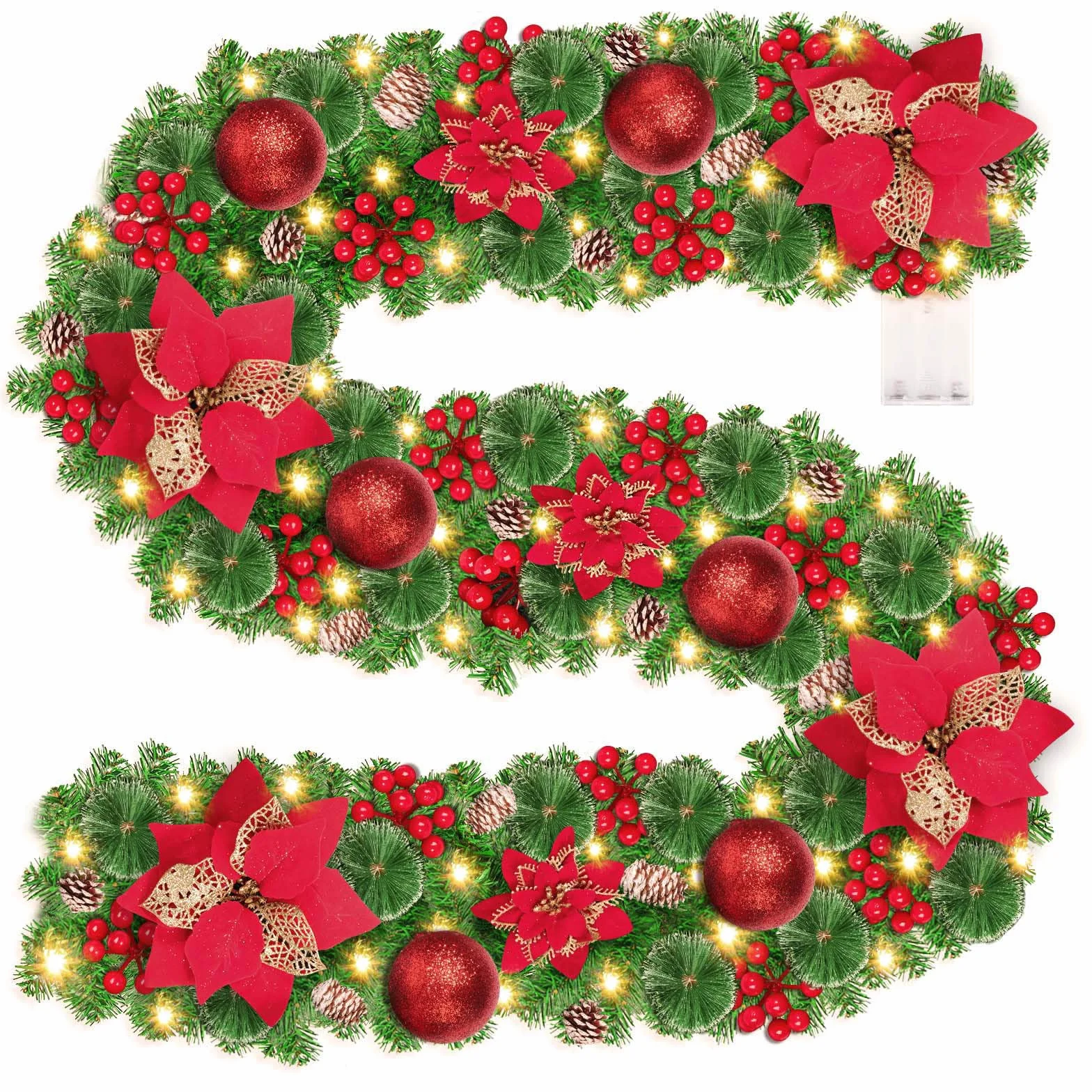 Guirnalda de Navidad, 2.7m Guirnalda Navideña con 50 LED Luces, Guirnalda de Navidad con 8 Modos de Iluminación, Guirnalda Navideña para Escaleras, Puerta, Arco, Hogar, Exterior, Decoración (Rojo)