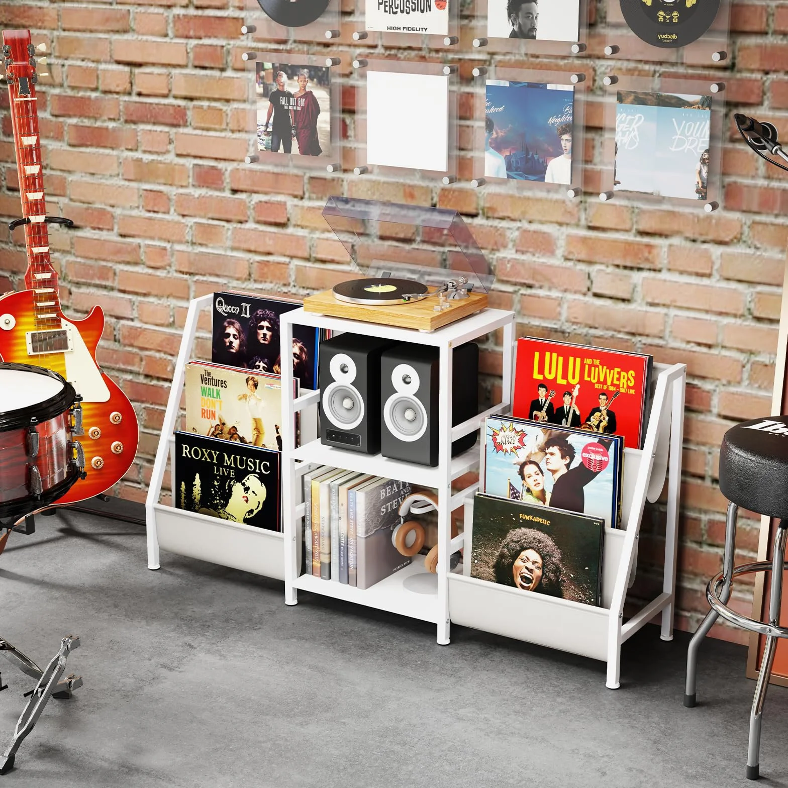 COSTWAY Soporte para Tocadiscos con Almacenamiento para Vinilos, Estantería de Metal, 6 Bolsillos, Blanco