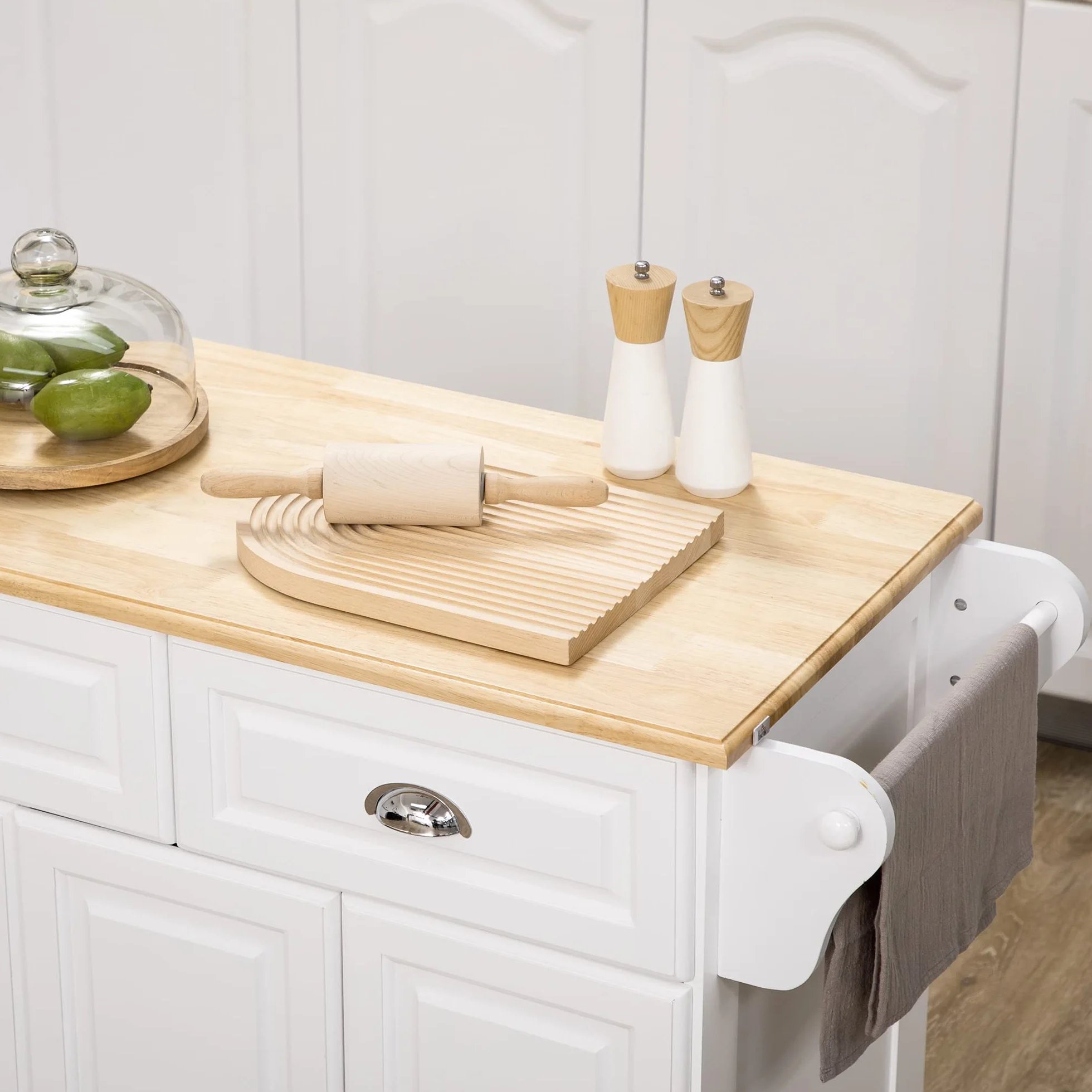 HOMCOM Isla de Cocina Carro de Cocina con Ruedas Carro Multiusos con 2 Cajones 3 Puertas Toallero y Estante para Especias para Comedor 110x45x91 cm Blanco