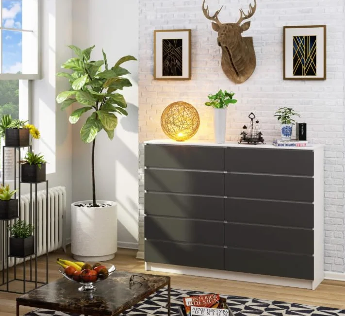 BDW: Cómoda con 10 cajones, cómoda K160, aparador, Muebles para salón, Dormitorio y recibidor, Armario de Oficina, Material Robusto y diseño Moderno - 160x40x121 cm, Blanco/Gris