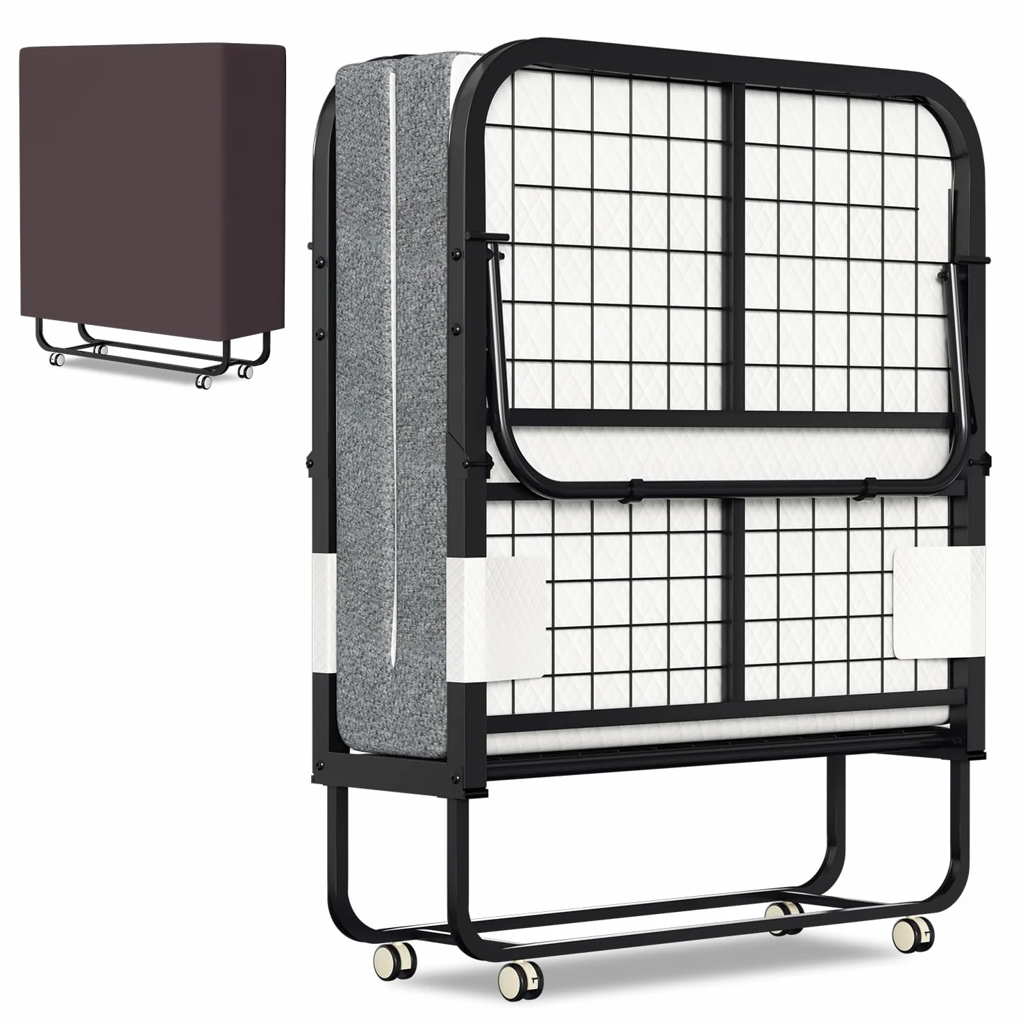 Cama plegable 90x200 cm, cama supletoria, cama plegable con colchón de 13 cm de grosor, 4 ruedas con freno, cama para adultos con capacidad de carga hasta 200 kg, para sala de estar