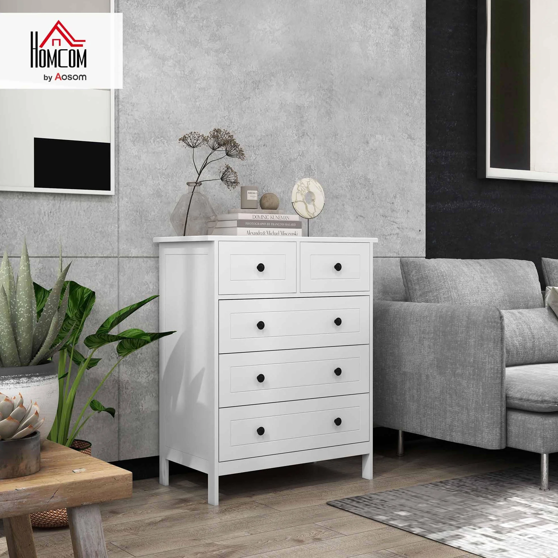 HOMCOM Cajonera de Dormitorio Cómoda Blanca de 5 Cajones con Manijas Cajonera Alta para Salón Oficina Estudio Estilo Moderno 74x40x91 cm