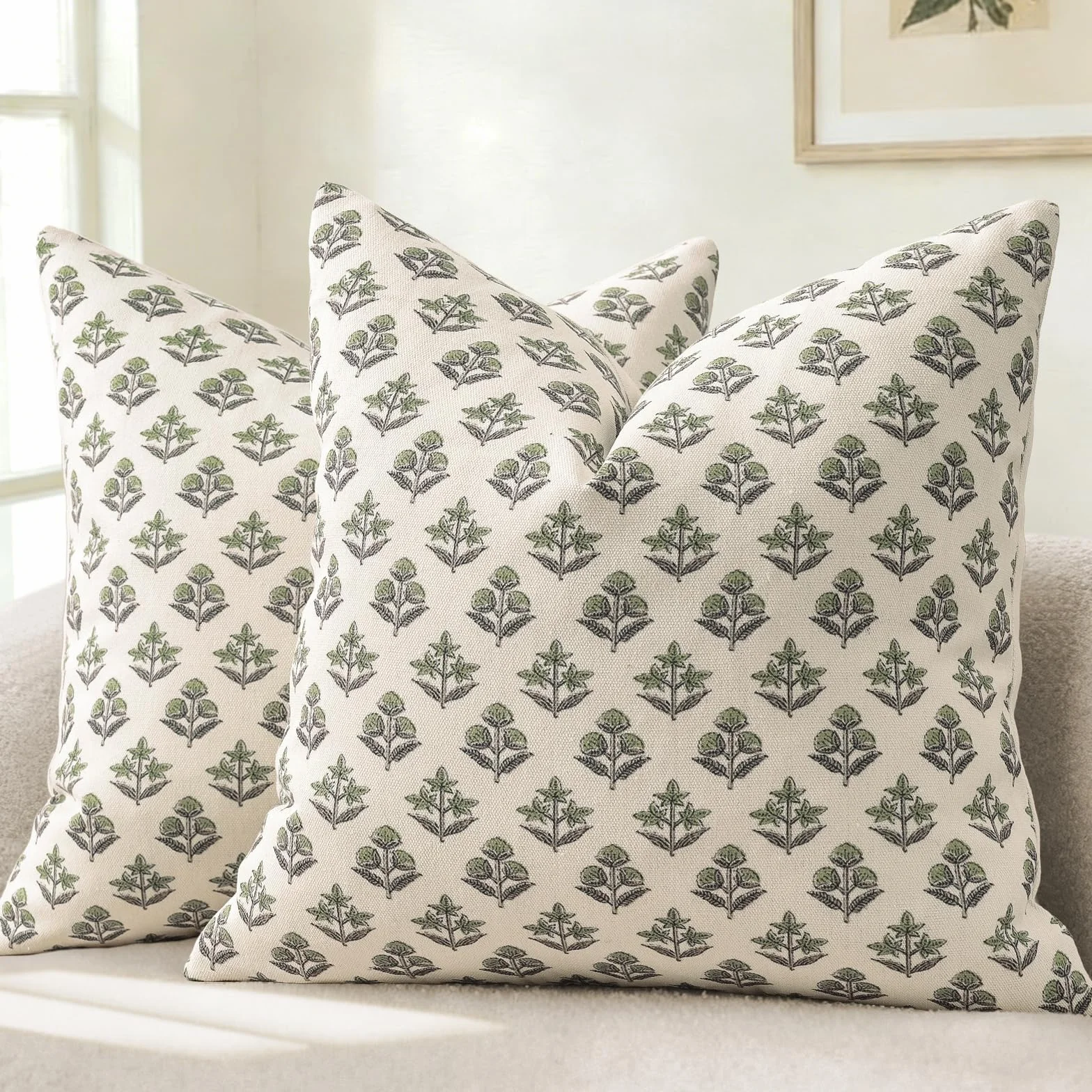 YCOLL Funda de Cojín 45x45 Set de 2 Verde Salvia Botánico Vintage