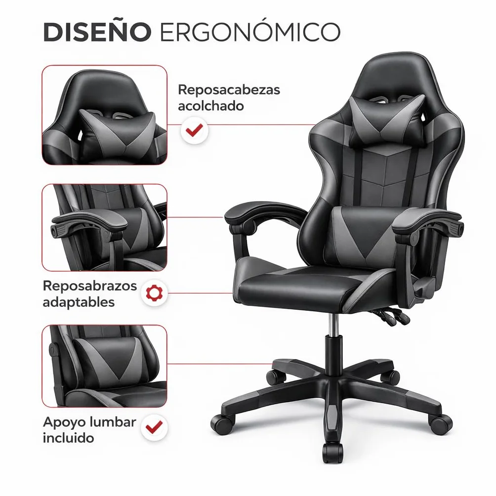 Silla Gaming Ergonómica Reclinable con Cojín Lumbar y Cervical, Altura Ajustable, Reposabrazos Acolchados, Ruedas 360°