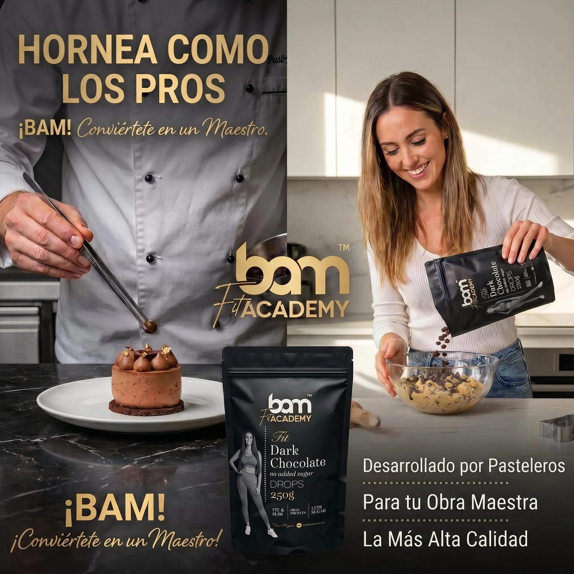 BAM Pepitas de Chocolate Negro sin Azúcar Añadido 250 g – Gotas de Repostería 55.4% Cacao