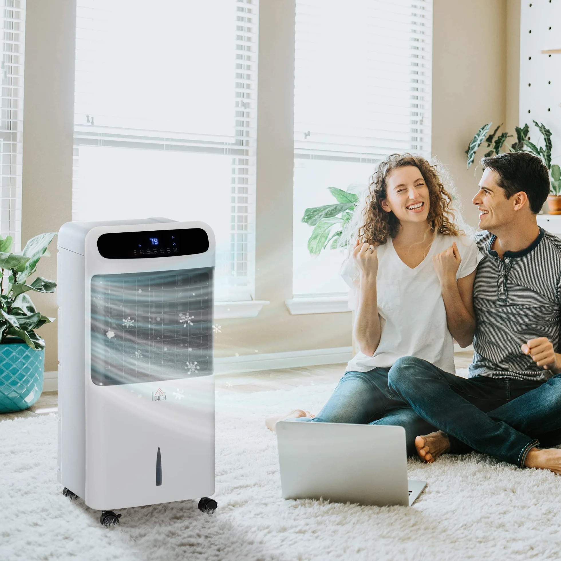 HOMCOM Climatizador Evaporativo Bajo Consumo 4 en 1 Depósito 12L Humidificador Climatizador Iones Negativos Control Remoto 3 Modos 3 Velocidades Temporizador 12 h Pantalla LED Táctil 38x35x81cm Blanco