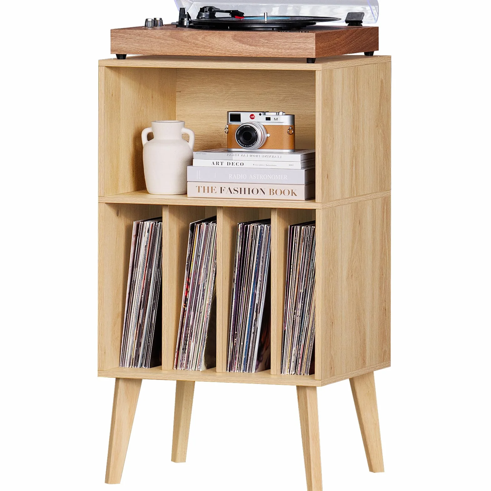 Soporte para tocadiscos Mid-Century con patas de madera, almacenamiento para 160 álbumes, mesa auxiliar natural