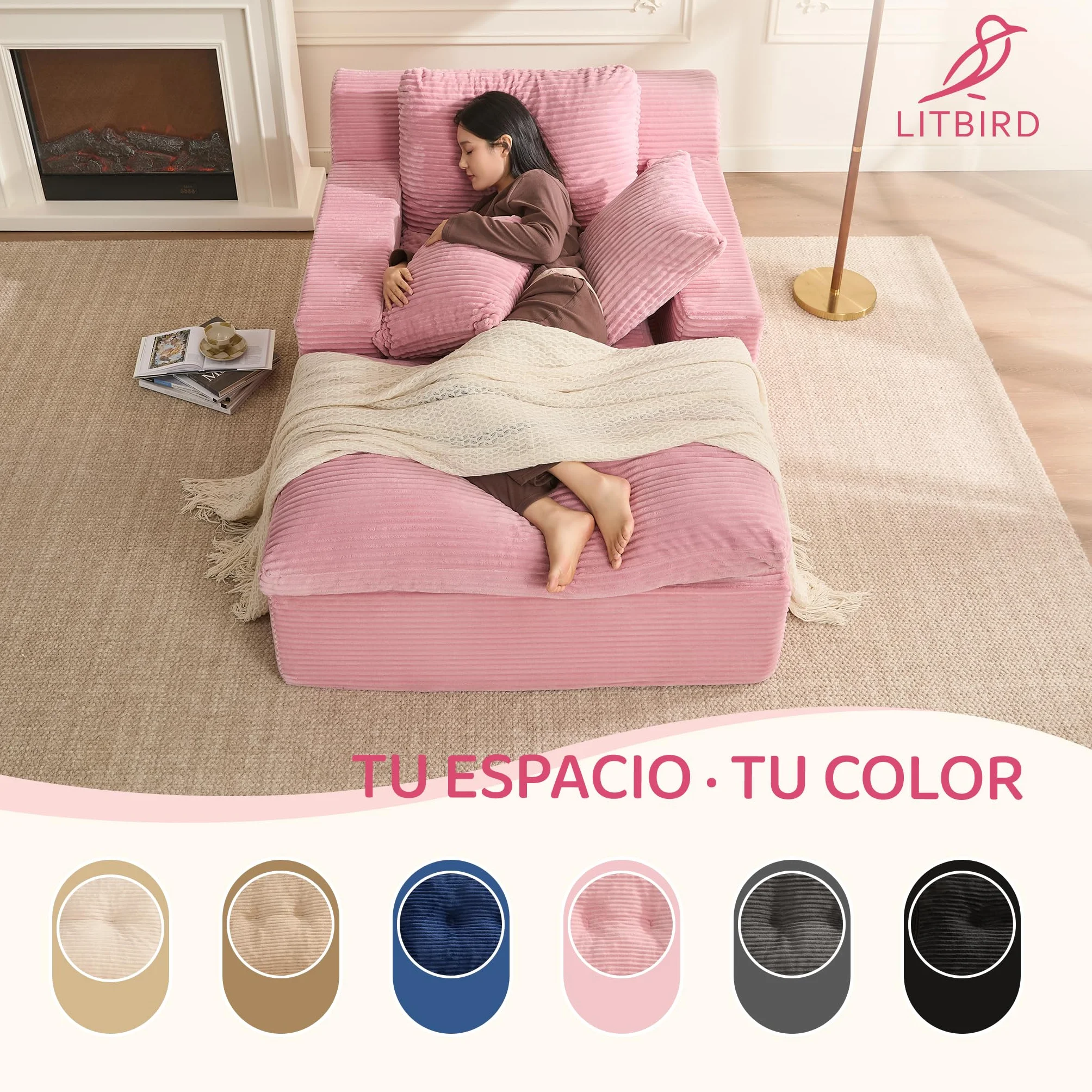 Sofá Chaise Longue 160 cm, Sofá de Suelo Modular sin Estructura con Función de Dormir, Sofá Tipo Nube Compacto para Salón o Apartamento, Sin Montaje (Rosa) | Diseño boneless, sin montaje, asiento lounge, comodidad envolvente, ahorra espacio, espuma de alt