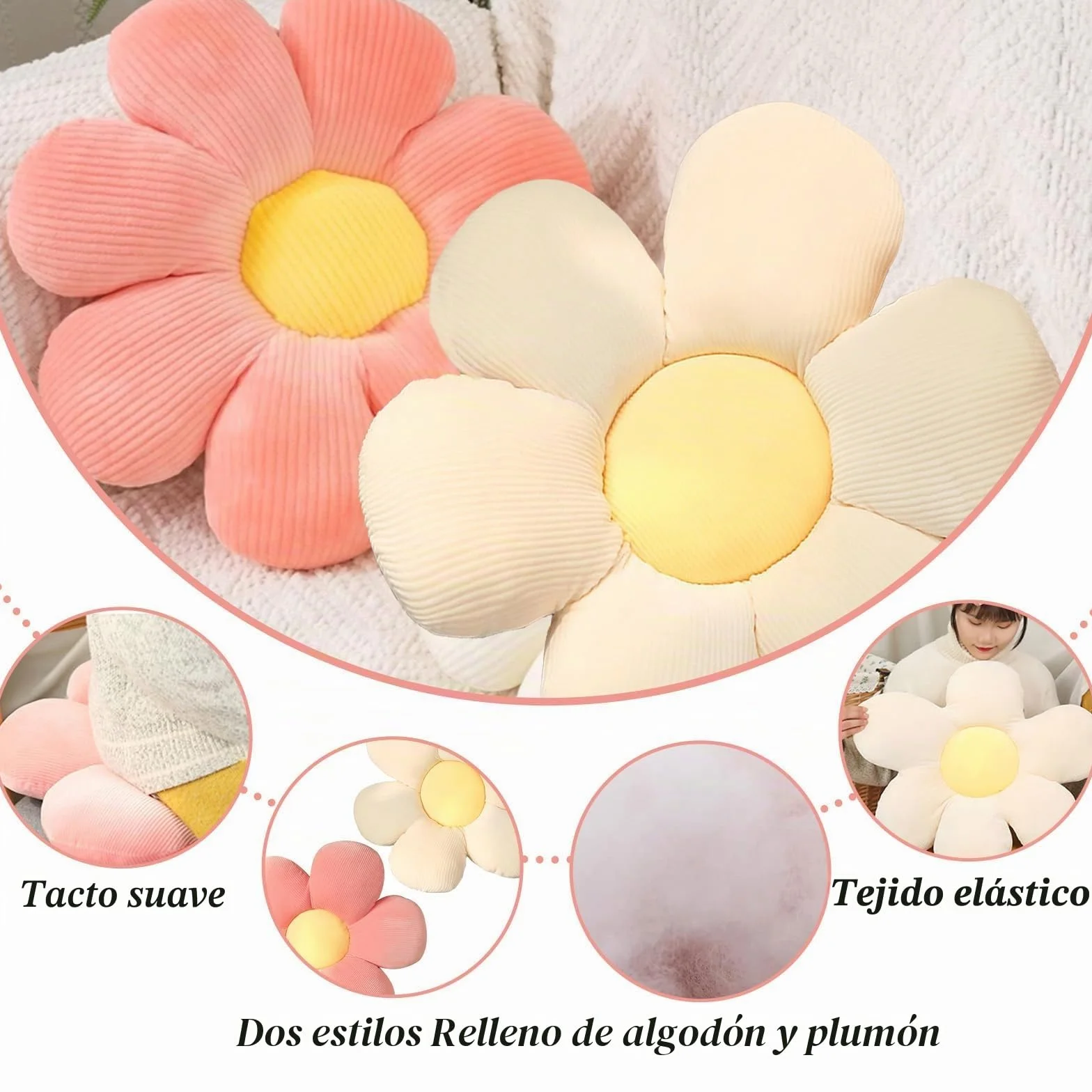 2 Piezas Cojines de Flores, 40x40cm Cojín de Asiento con Forma De Flor De Margarita, Cojines Sofa, Infantiles, Linda Flor Cojín De Felpa Tatami Almohada para(Rosa y Blanco)