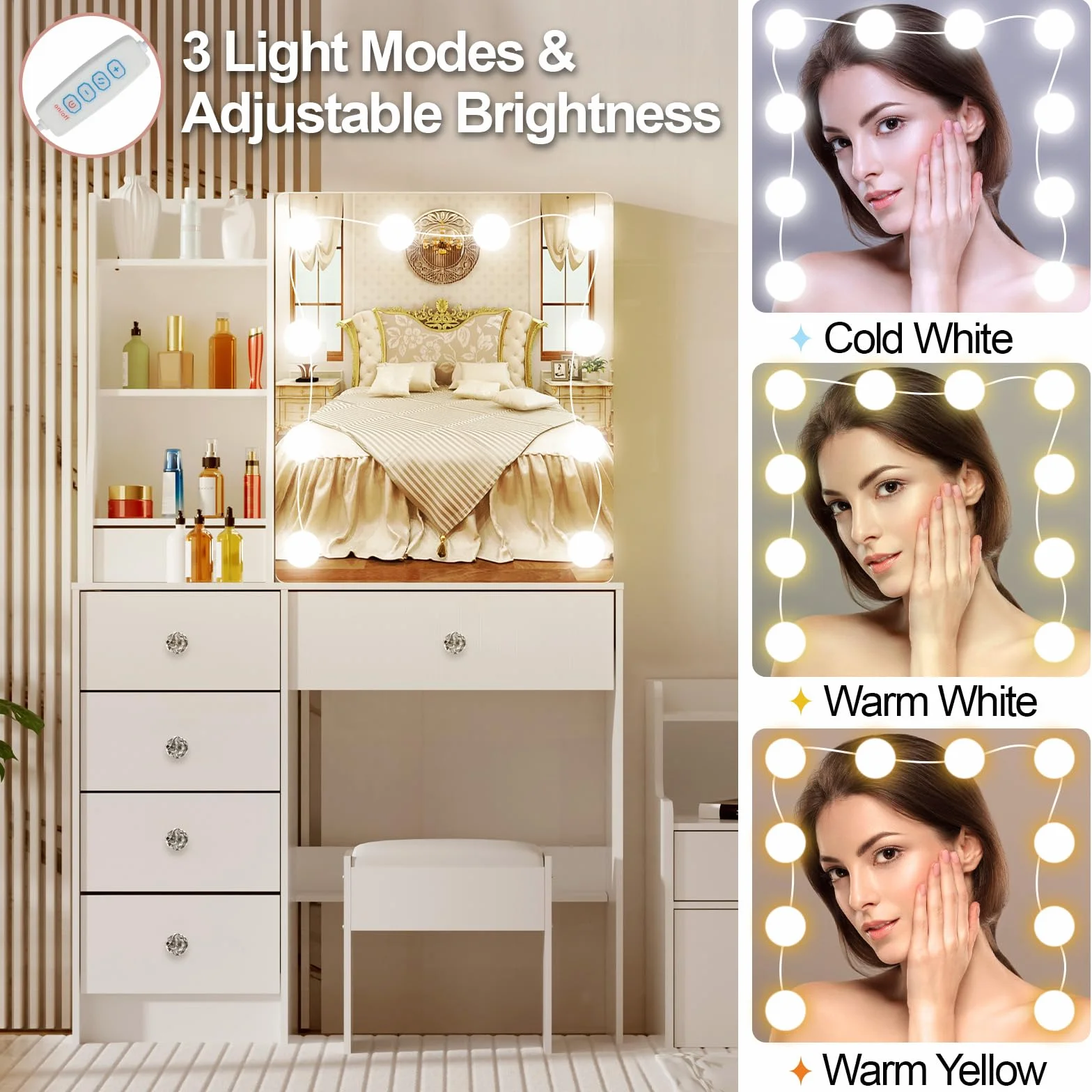 Tocador con Hollywood LED y Espejo, Mesa de Maquillaje con 5 Cajones Grandes y 1 Taburete, 3 Temperaturas de Color y Brillo Ajustable, Blanco, 131x80x36 cm