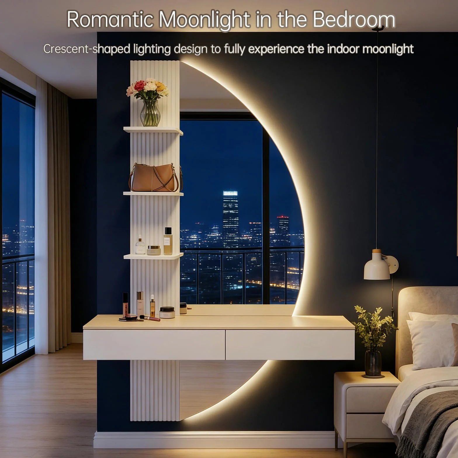TRIUMPHKEY Tocador de Pared con Espejo en Forma de Media Luna, Mesa de Maquillaje Flotante con Luces LED Regulables, 2 Cajones y 3 Estantes, Ahorra Espacio para Dormitorio (Blanco)