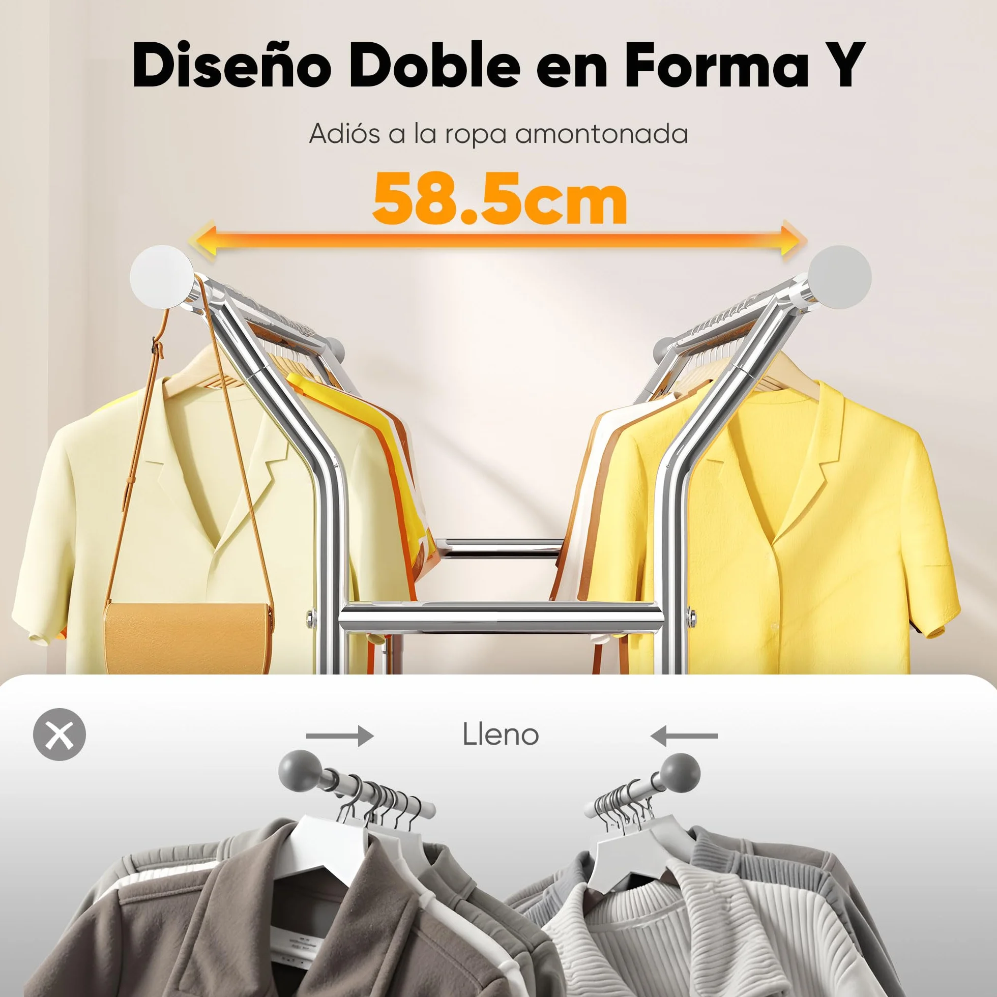 HOKEEPER Burro de Ropa Resistente de Doble Barra con Ruedas, 283kg, con Cesta de Tela y Estante, Extensible - Ideal para Dormitorio, Boutique