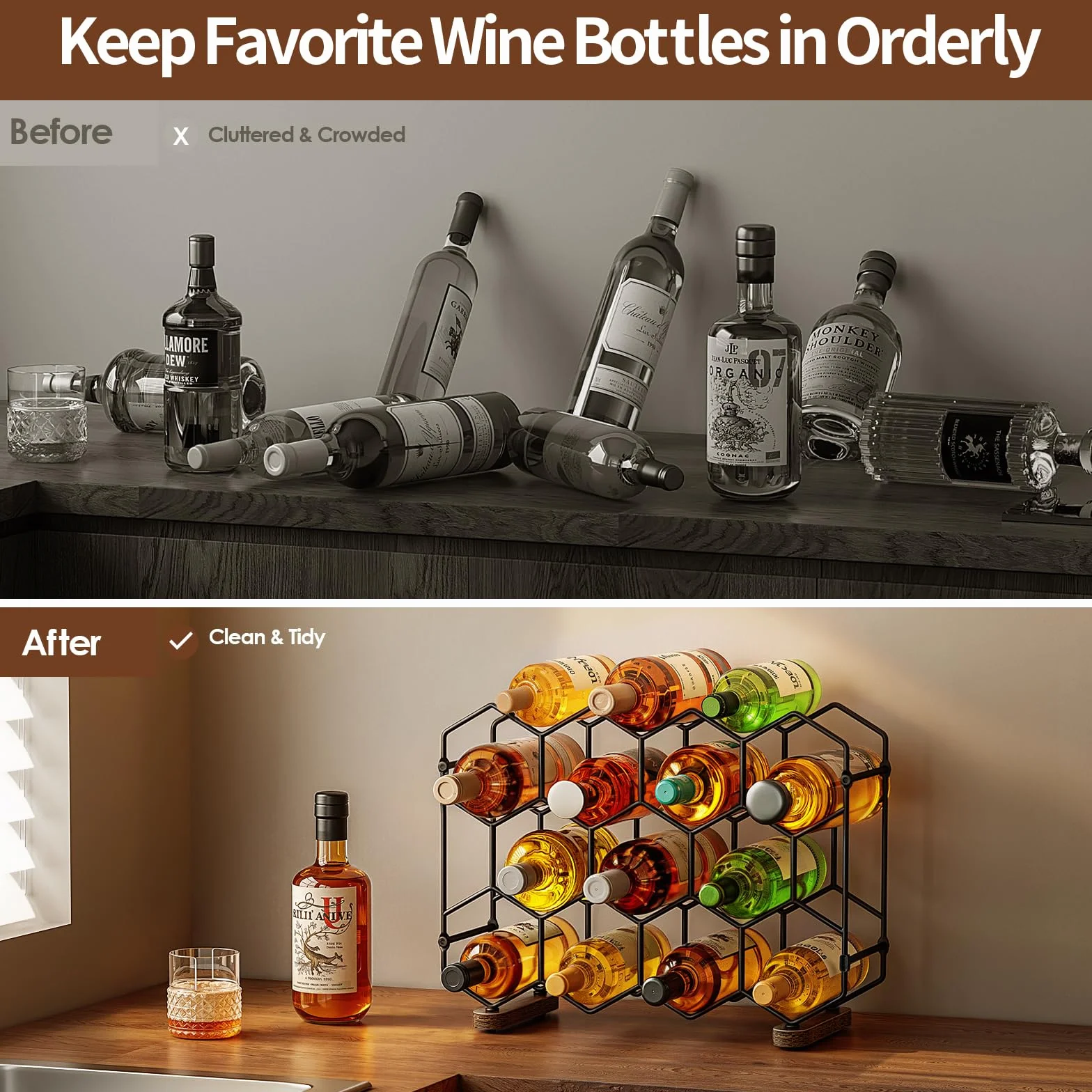 Nuovoware Botellero de Sobremesa, Soporte Independiente de Acero al Carbono para 14 Botellas, Organizador de Botellas de Vino de 3 Niveles para Armario o Despensa