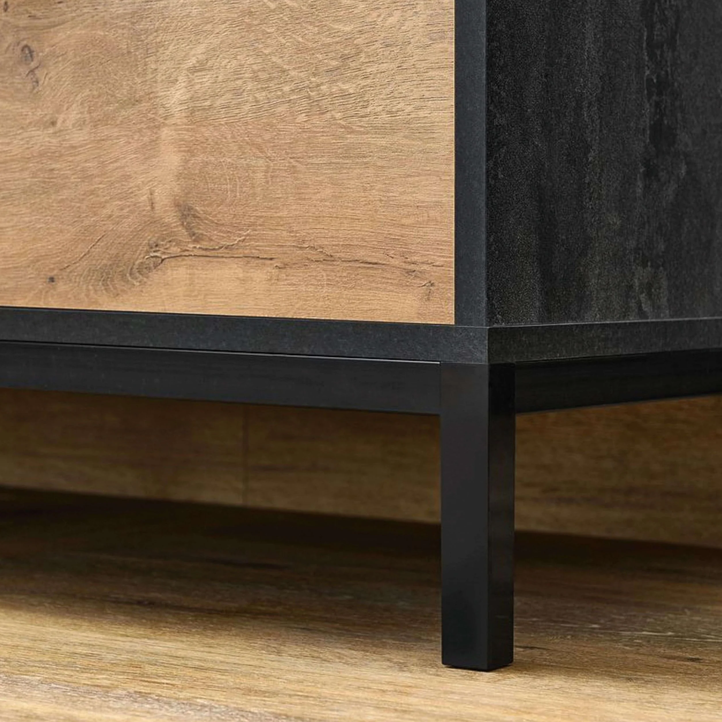Muebles Pitarch | Mueble de Baño Doble 120cm ancho, Industrial Negro y Roble Gold, con estructura Patas, 2 Cajones y 1 Puerta, para Lavabos de sobreponer, modelo Sena