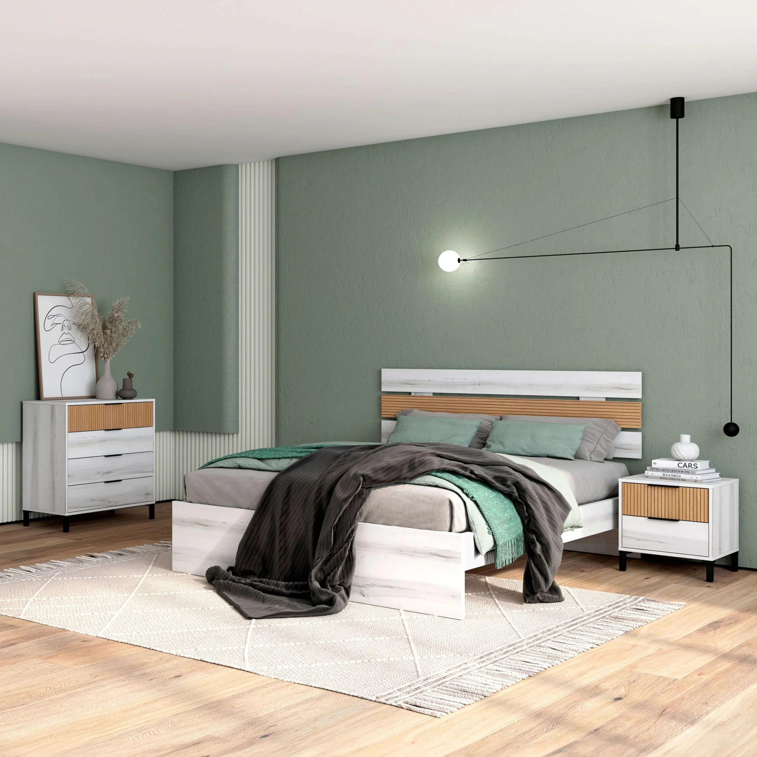 Miroytengo Pack Muebles Dormitorio Matrimonio Arles Nórdicos Modernos Color Blanco Albo y Roble Rayado