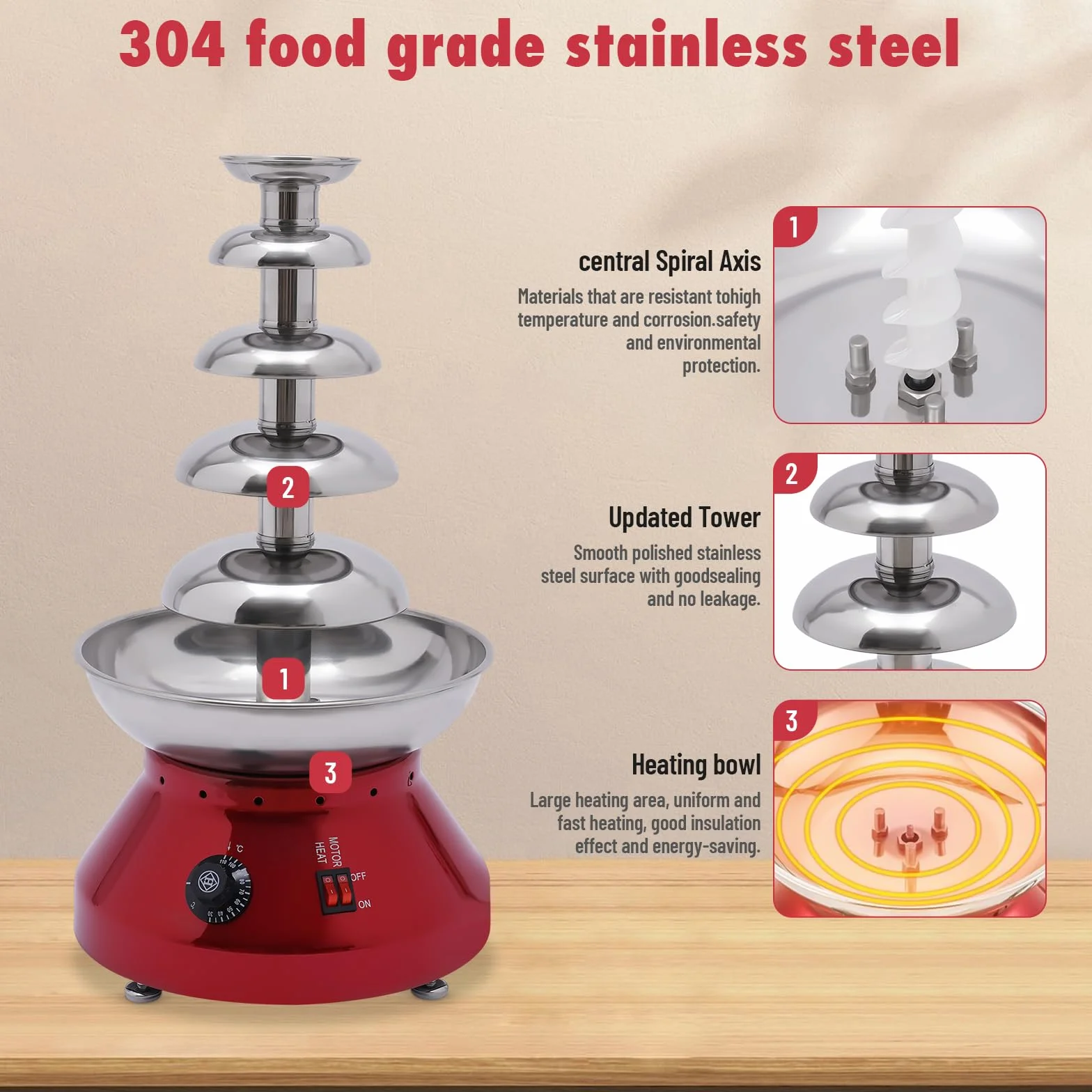 Fuente de chocolate de acero inoxidable, 230 W, 3 L, 5 etapas, con ajuste de temperatura de 30 a 110 °C, para fiestas familiares