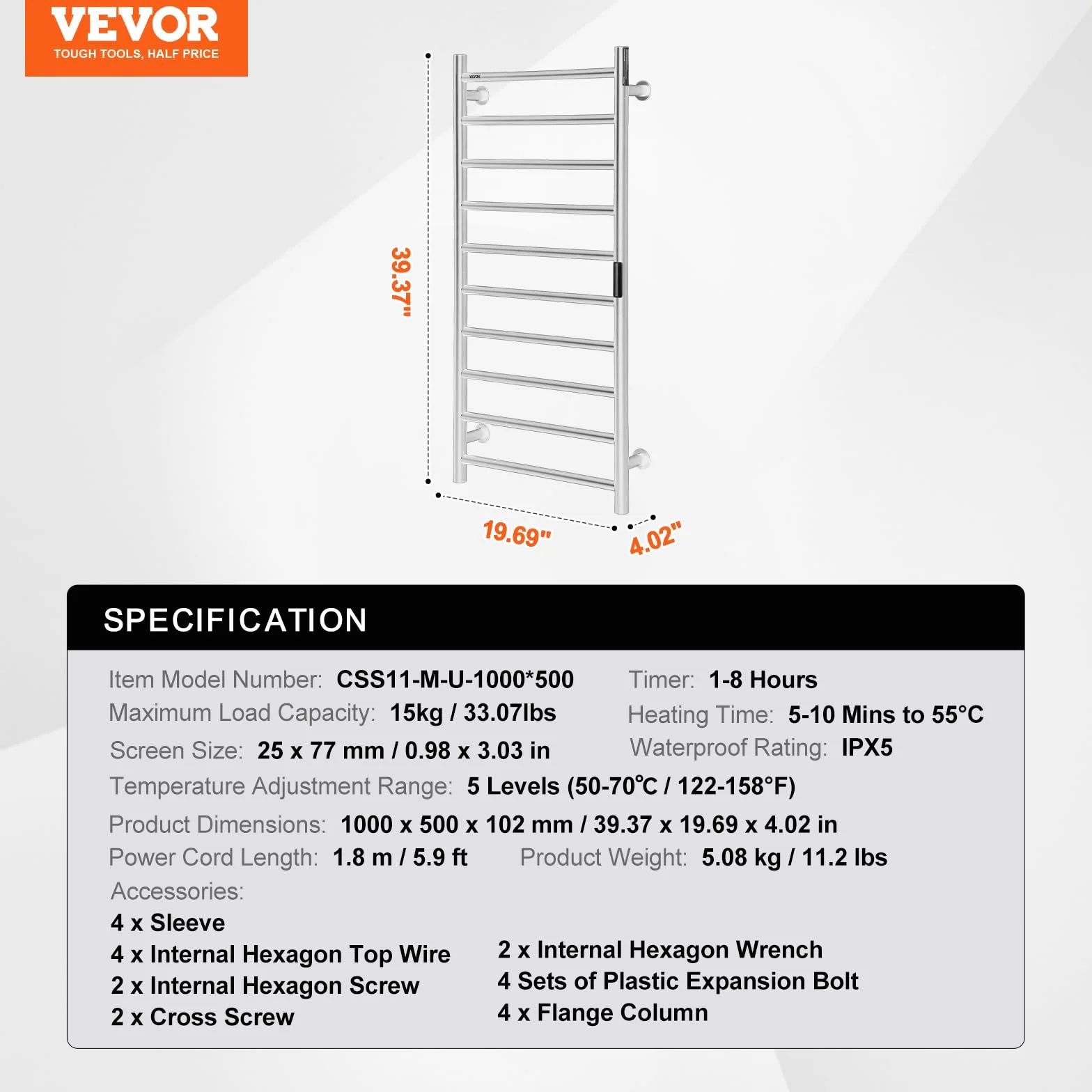 VEVOR Calentador de Toallas con Radiador Toallero con 10 Barras Calentador de Toallas Impermeable con Temporizador y Pantalla LED 5 Niveles de Temperatura Ajustables Montado en la Pared, Plata