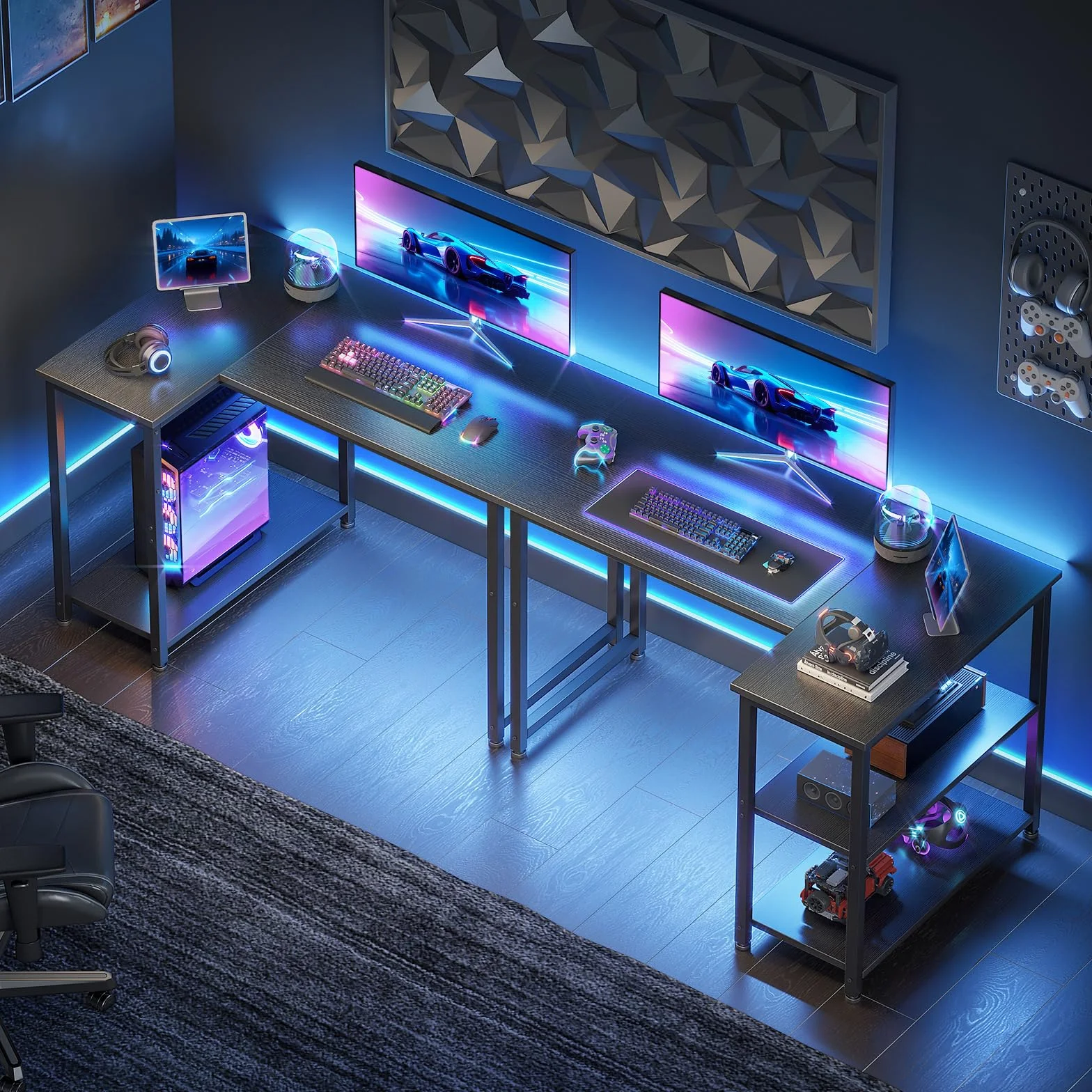 Coleshome Escritorio Gaming Esquinero 100x70cm con Estante Reversible, Negro
