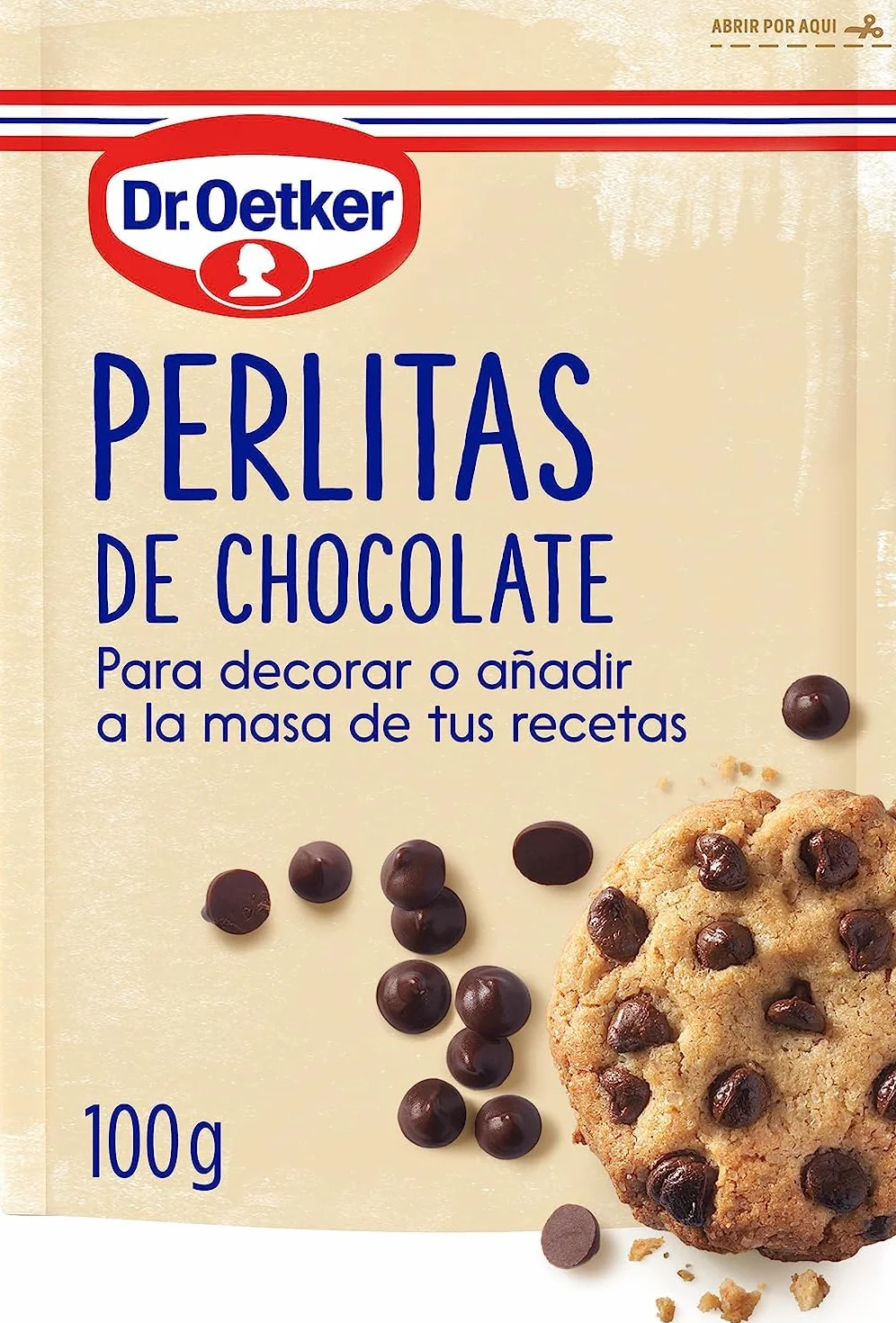 DR. OETKER Perlitas de chocolate negro 100 g, pepitas de cacao certificado, topping para repostería y pastelería, bolsa doypack con zip